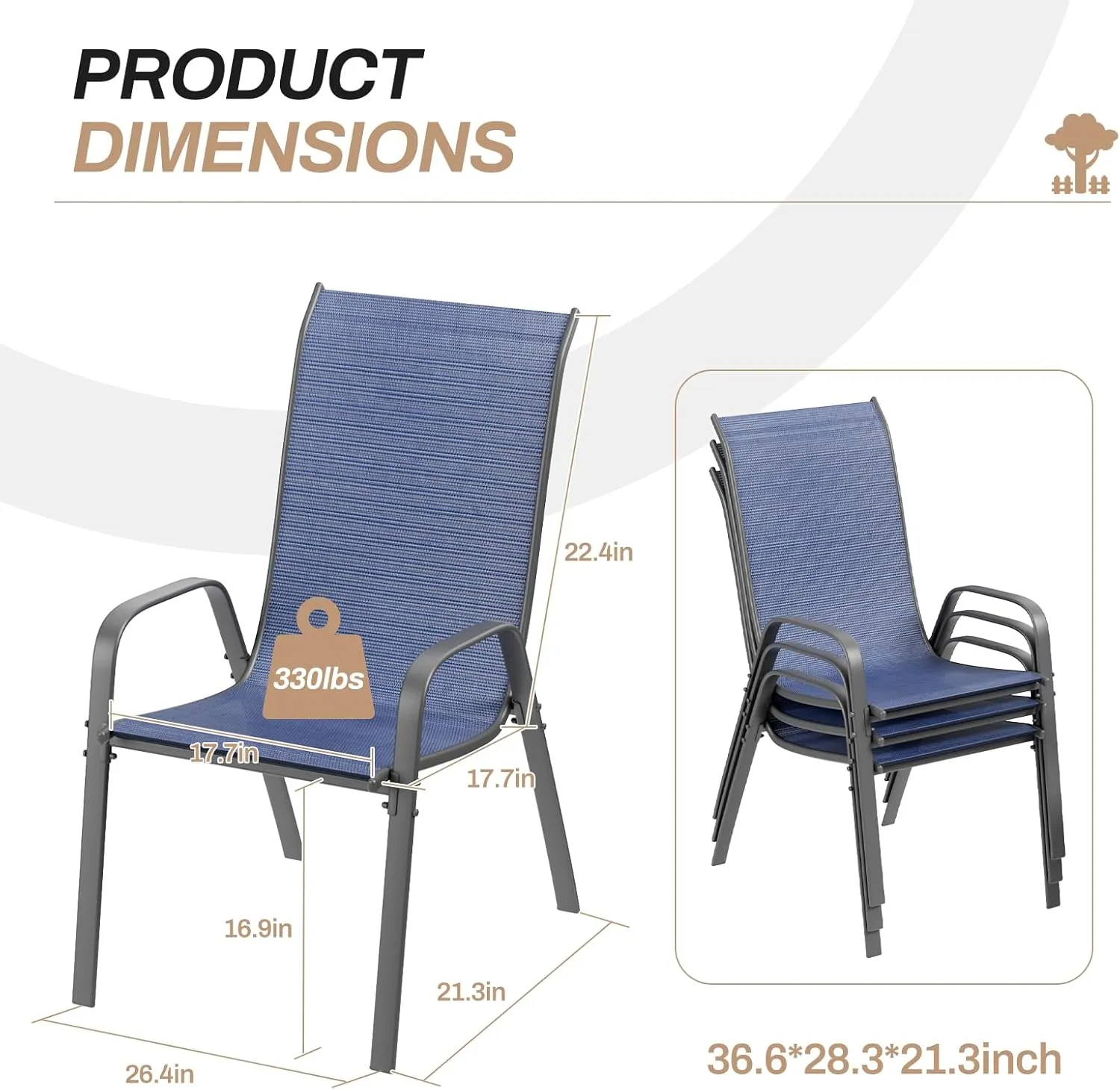 TLSUNNY Patio Chairs, Stackable Textilene Outdoor Dining Furniture for All Weather, with 17.7″ Wide Seat & Metal Frame, for Garden, Backyard, Deck, Restaurant, Poolside (Navy Blue, Set of 8)