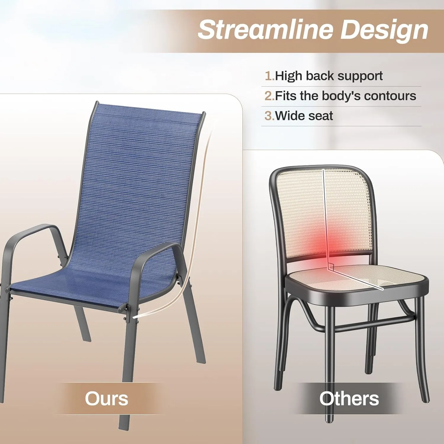 TLSUNNY Patio Chairs, Stackable Textilene Outdoor Dining Furniture for All Weather, with 17.7″ Wide Seat & Metal Frame, for Garden, Backyard, Deck, Restaurant, Poolside (Navy Blue, Set of 8)