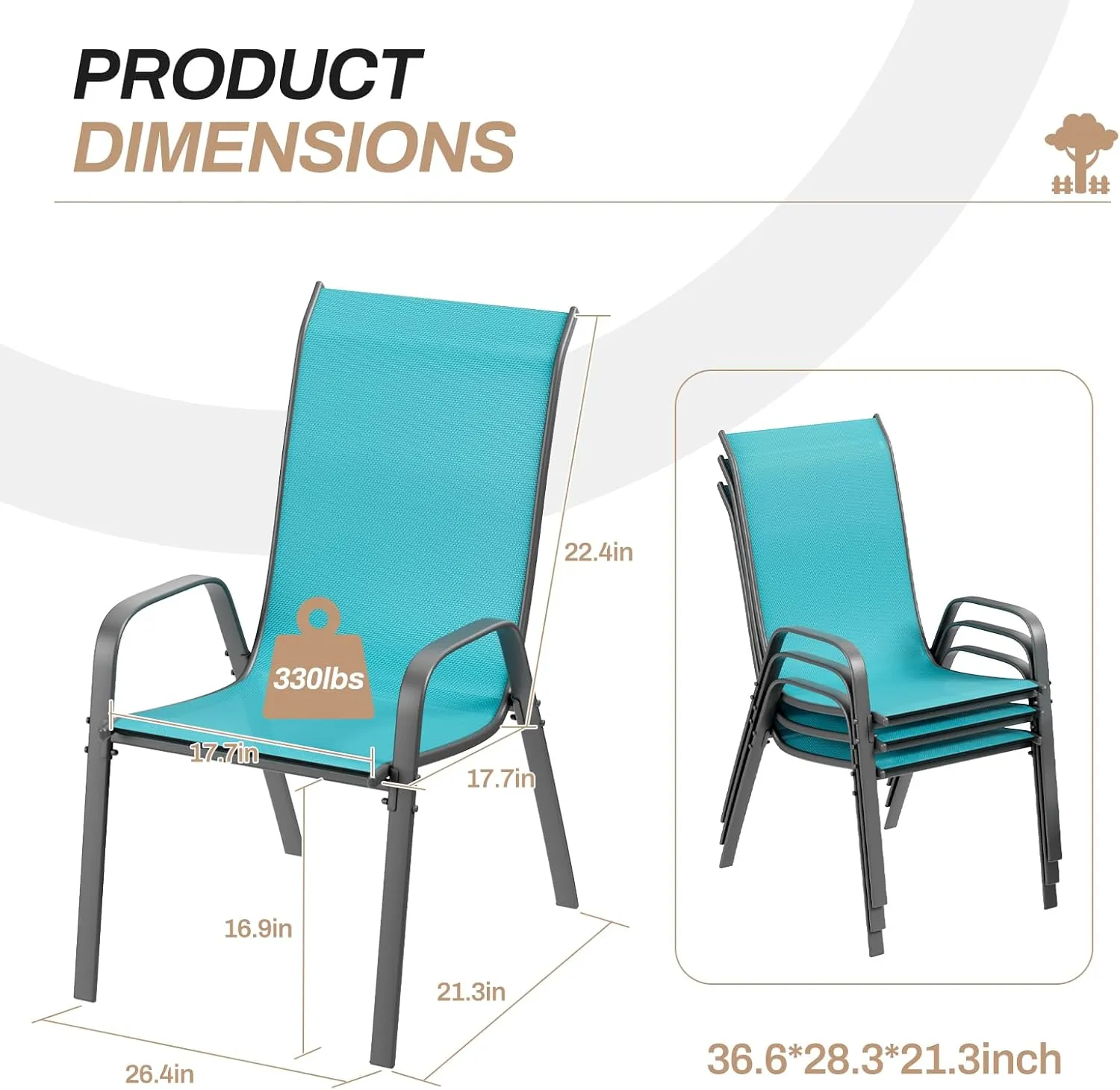 TLSUNNY Patio Chairs, Stackable Textilene Outdoor Dining Furniture for All Weather, with 17.7″ Wide Seat & Metal Frame, for Garden, Backyard, Deck, Restaurant, Poolside (Turquoise Blue, Set of 8)