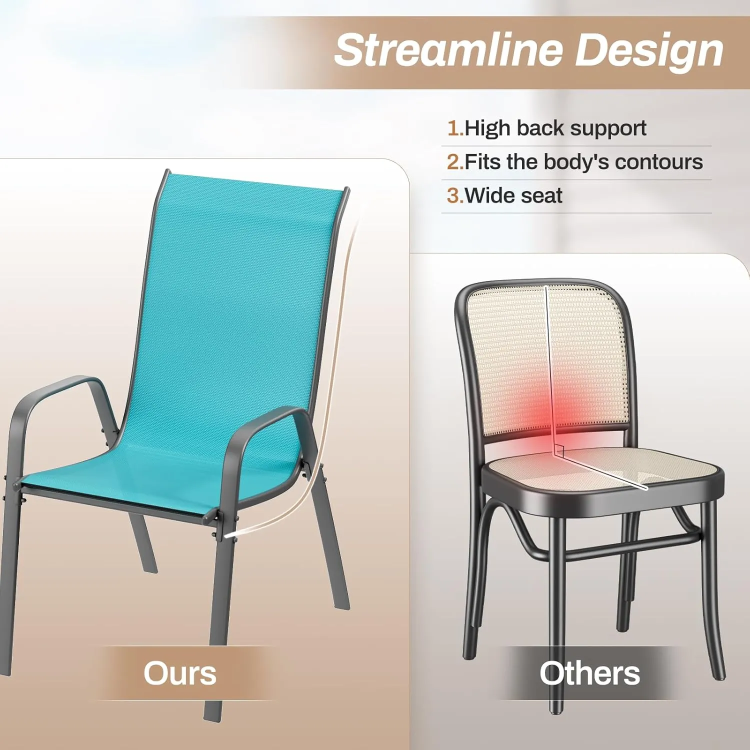 TLSUNNY Patio Chairs, Stackable Textilene Outdoor Dining Furniture for All Weather, with 17.7″ Wide Seat & Metal Frame, for Garden, Backyard, Deck, Restaurant, Poolside (Turquoise Blue, Set of 8)