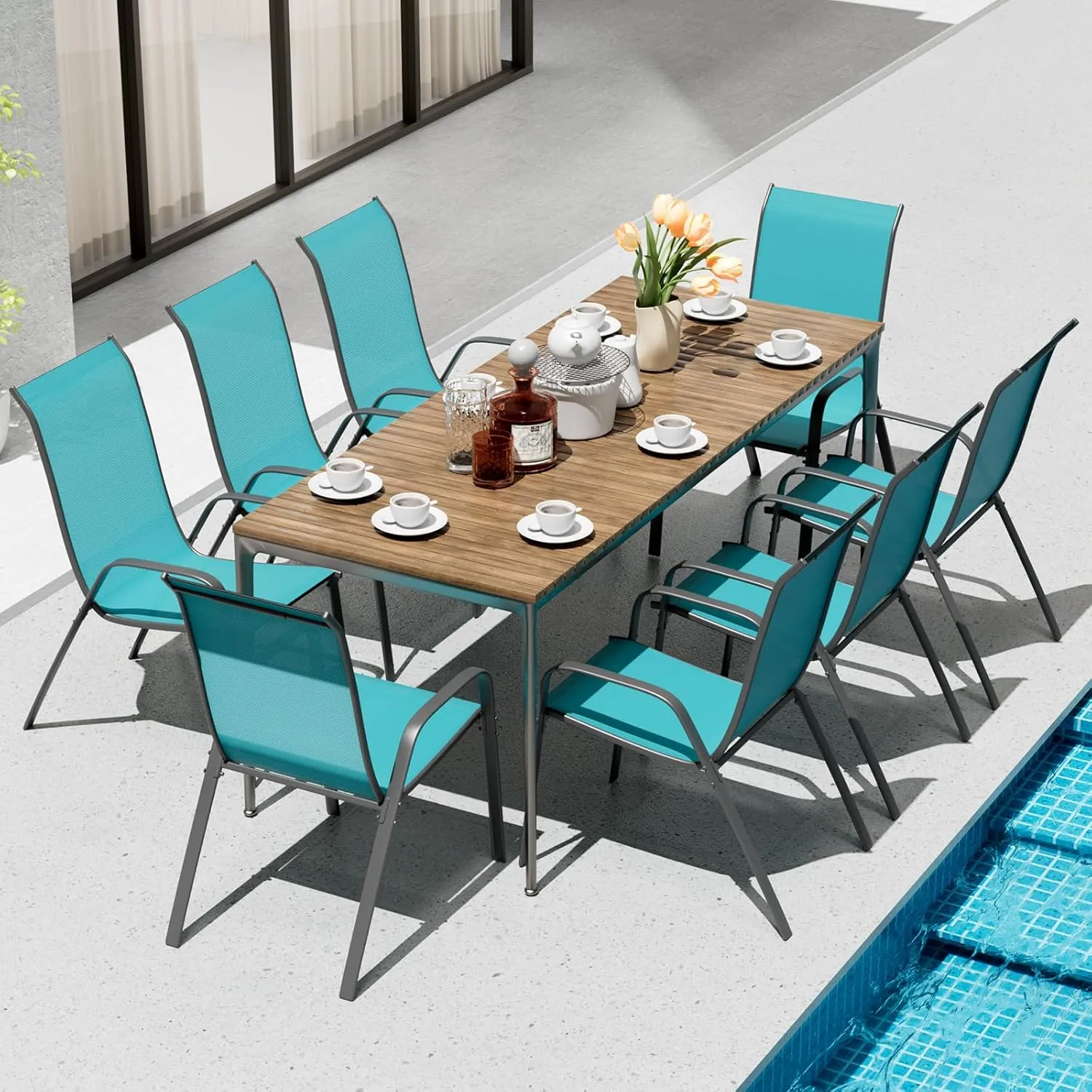 TLSUNNY Patio Chairs, Stackable Textilene Outdoor Dining Furniture for All Weather, with 17.7″ Wide Seat & Metal Frame, for Garden, Backyard, Deck, Restaurant, Poolside (Turquoise Blue, Set of 8)