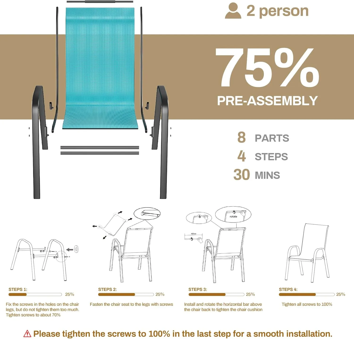 TLSUNNY Patio Chairs, Stackable Textilene Outdoor Dining Furniture for All Weather, with 17.7″ Wide Seat & Metal Frame, for Garden, Backyard, Deck, Restaurant, Poolside (Turquoise Blue, Set of 8)