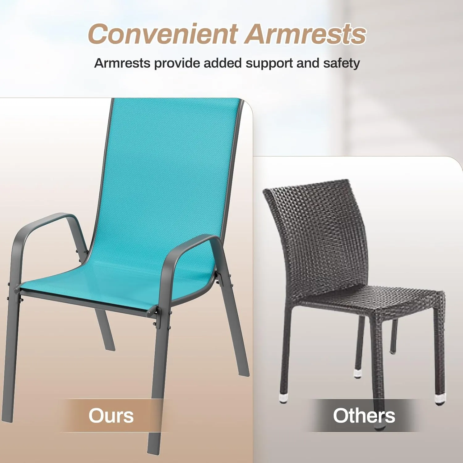 TLSUNNY Patio Chairs, Stackable Textilene Outdoor Dining Furniture for All Weather, with 17.7″ Wide Seat & Metal Frame, for Garden, Backyard, Deck, Restaurant, Poolside (Turquoise Blue, Set of 8)