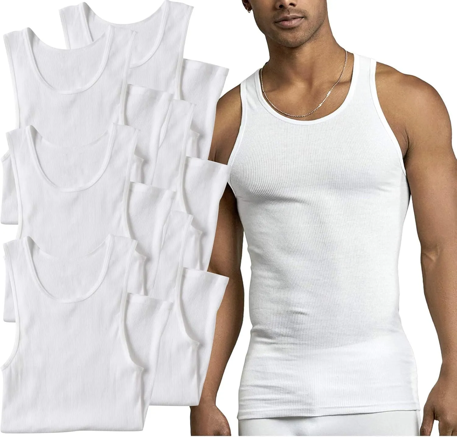 ToBeInStyle Men's Pack 100% Preshrunk Cotton Sleeveless Lightweight White Under Tanks