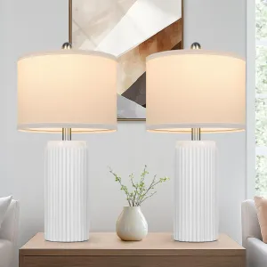 TOBUSA 23.5’’ Modern White Ceramic Lamps Set of 2, Living Room Retro Side Table Lamps, Farmhouse Bedside Nightstand White Lamps for Bedroom with Linen Shade, Elegant Decor Lamp Sets for Home Office
