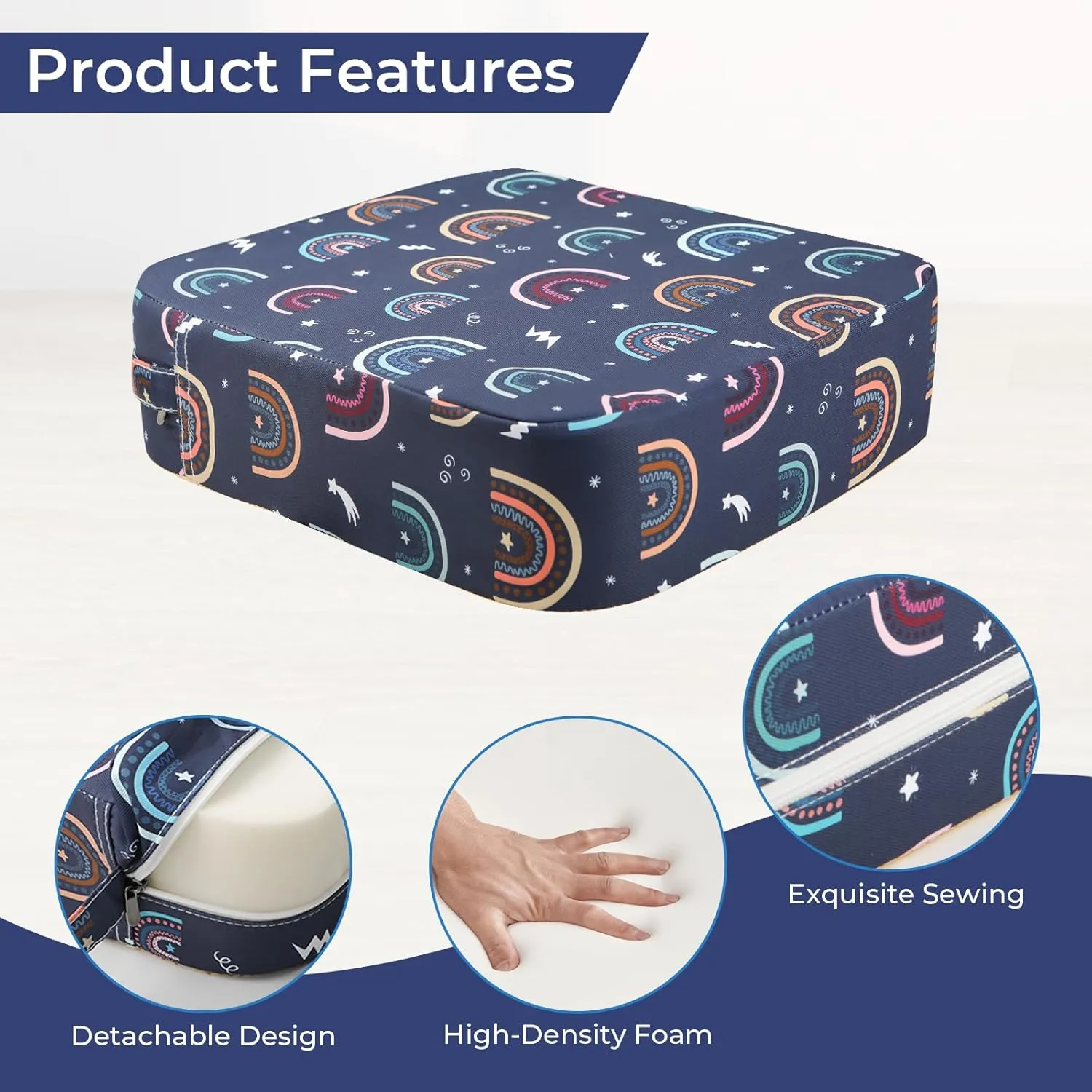 Toddler Booster Seat for Dining Table, Portable Kids Toddler Booster Seat for Table, Increasing Booster Cushion with Adjustable Straps, Easy Cleaning Detachable Portable Travel Booster (Blue-Rainbow)