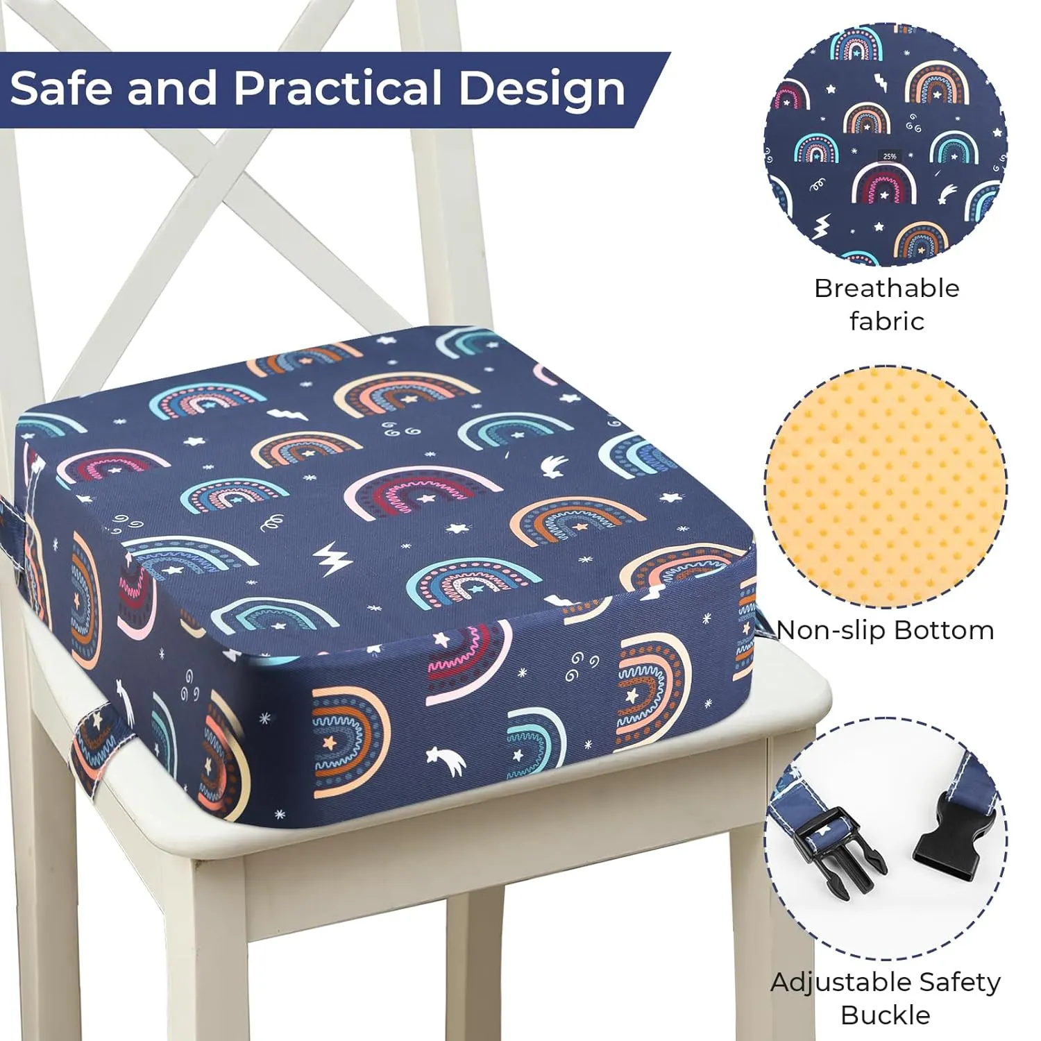 Toddler Booster Seat for Dining Table, Portable Kids Toddler Booster Seat for Table, Increasing Booster Cushion with Adjustable Straps, Easy Cleaning Detachable Portable Travel Booster (Blue-Rainbow)