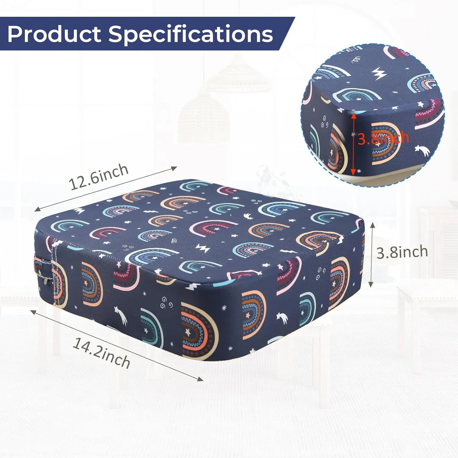 Toddler Booster Seat for Dining Table, Portable Kids Toddler Booster Seat for Table, Increasing Booster Cushion with Adjustable Straps, Easy Cleaning Detachable Portable Travel Booster (Blue-Rainbow)