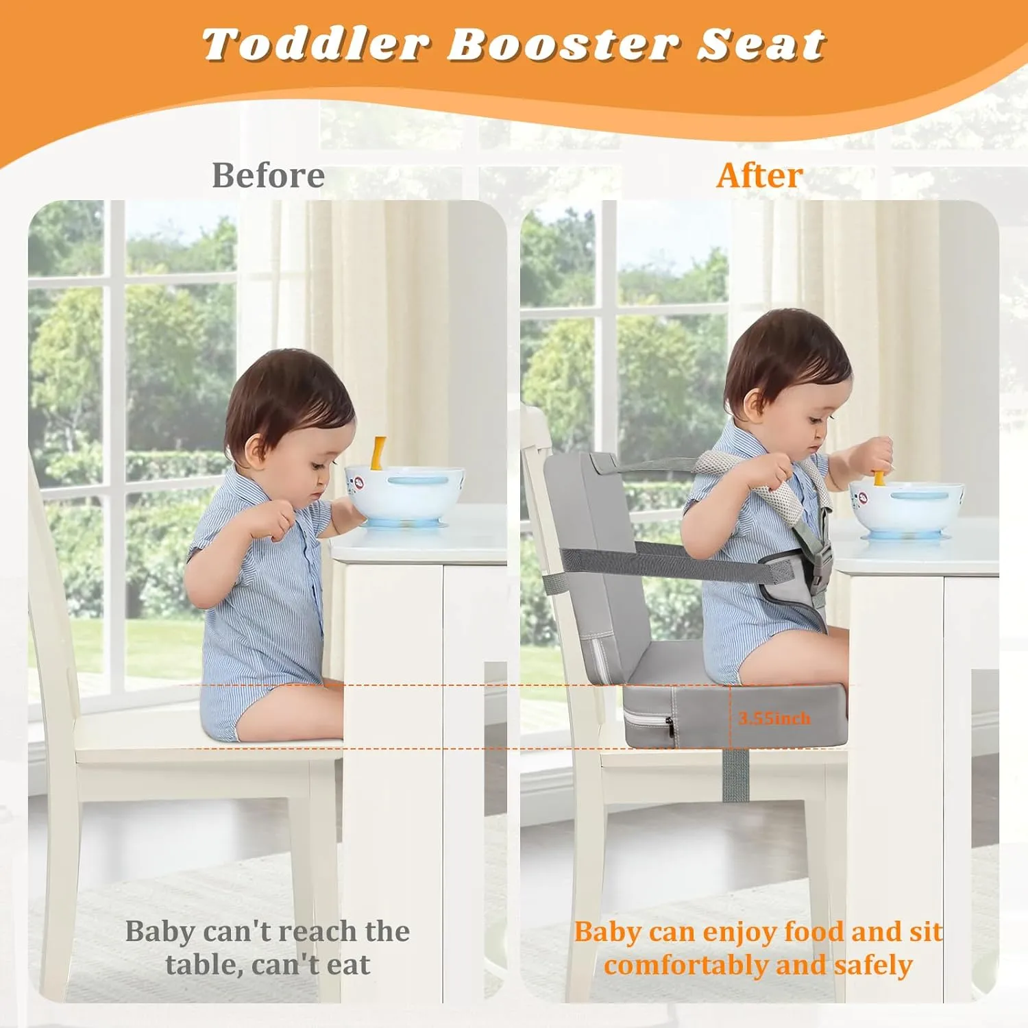 Toddler Booster Seat for Dining Table, Toddler Harness Booster Seat for Table, PU Easy Cleaning Kitchen Chair Booster Seats with Backrest Portable Travel Booster Seats Eating for Kids Child-Grey