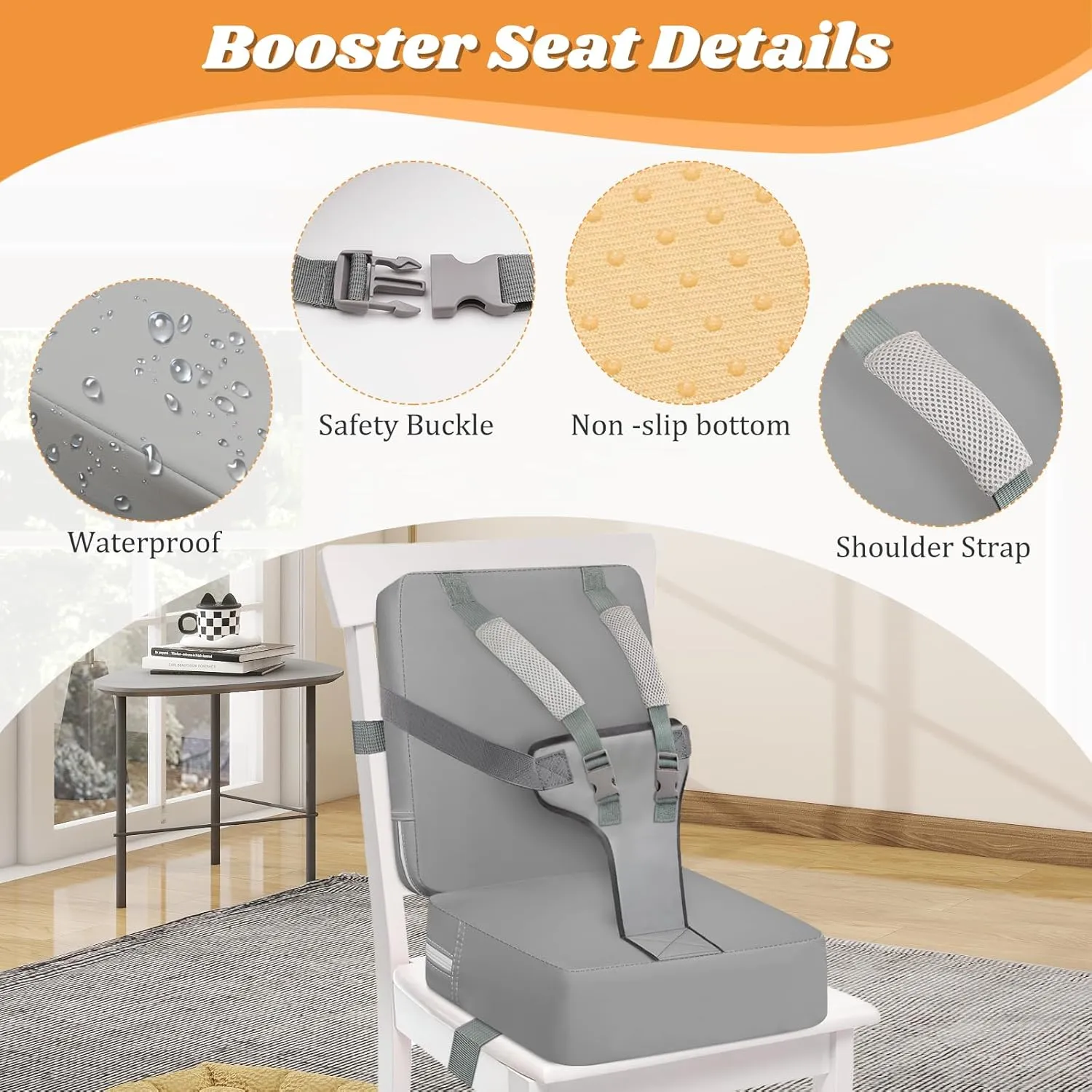 Toddler Booster Seat for Dining Table, Toddler Harness Booster Seat for Table, PU Easy Cleaning Kitchen Chair Booster Seats with Backrest Portable Travel Booster Seats Eating for Kids Child-Grey