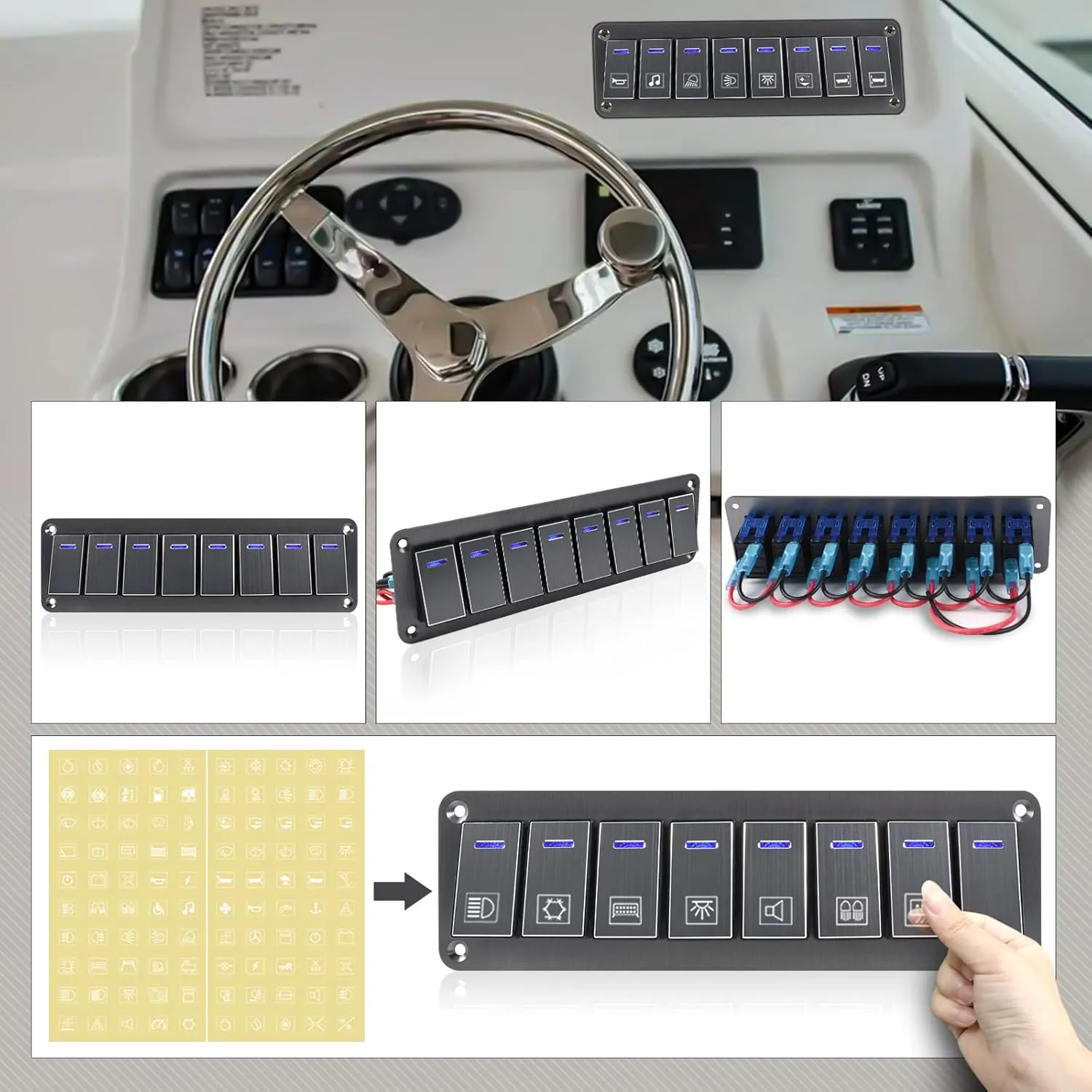 Toggle Switch Panel 8 Gang Waterproof Aluminum Switch, 12V/24V Rocker Switch, 3 Pin On-Off Car Boat Switch, Blue LED Panel for Farm Garden Marine Boat Automotive Car RV Truck Vehicles