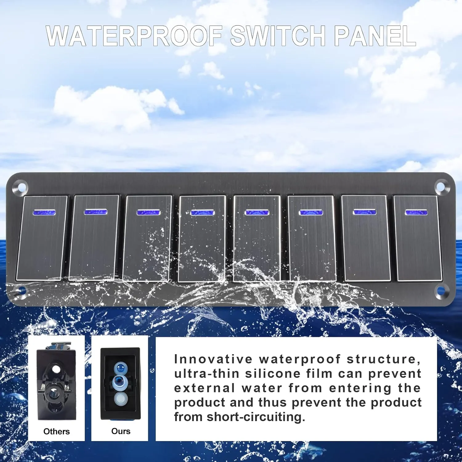 Toggle Switch Panel 8 Gang Waterproof Aluminum Switch, 12V/24V Rocker Switch, 3 Pin On-Off Car Boat Switch, Blue LED Panel for Farm Garden Marine Boat Automotive Car RV Truck Vehicles