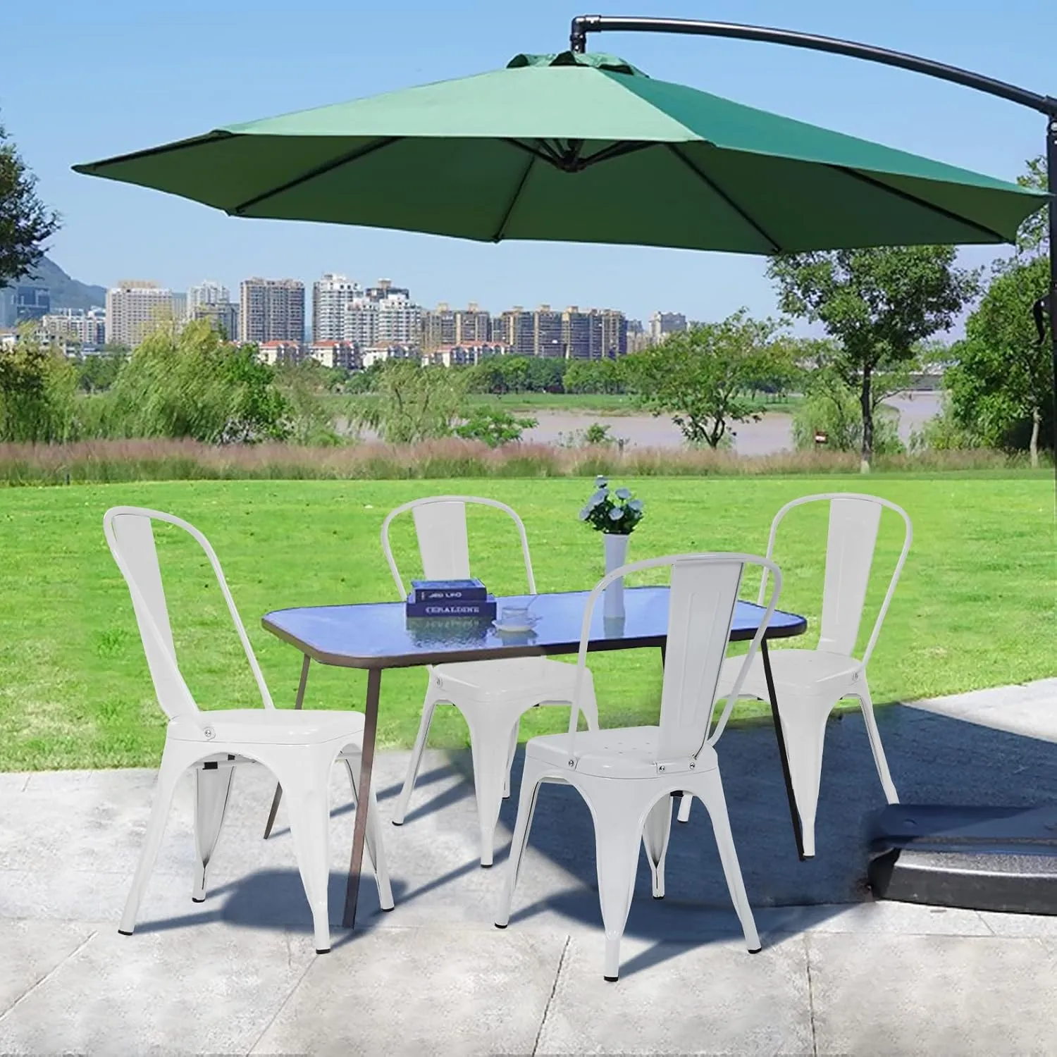 Tolix Metal Dining Chair Set of 4, 18 Inch Seat Height, Stackable, Indoor/Outdoor, Cream