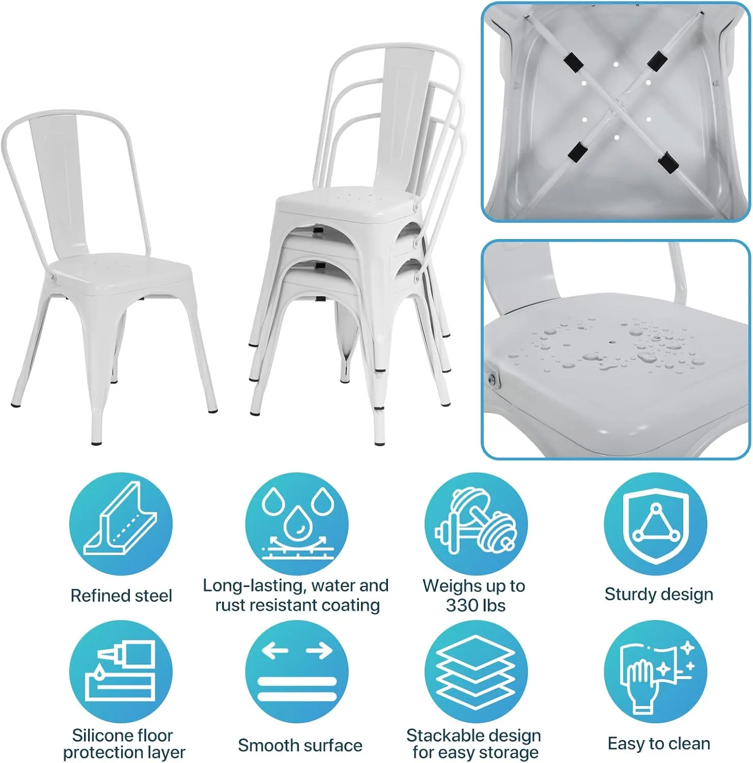 Tolix Metal Dining Chair Set of 4, 18 Inch Seat Height, Stackable, Indoor/Outdoor, Cream