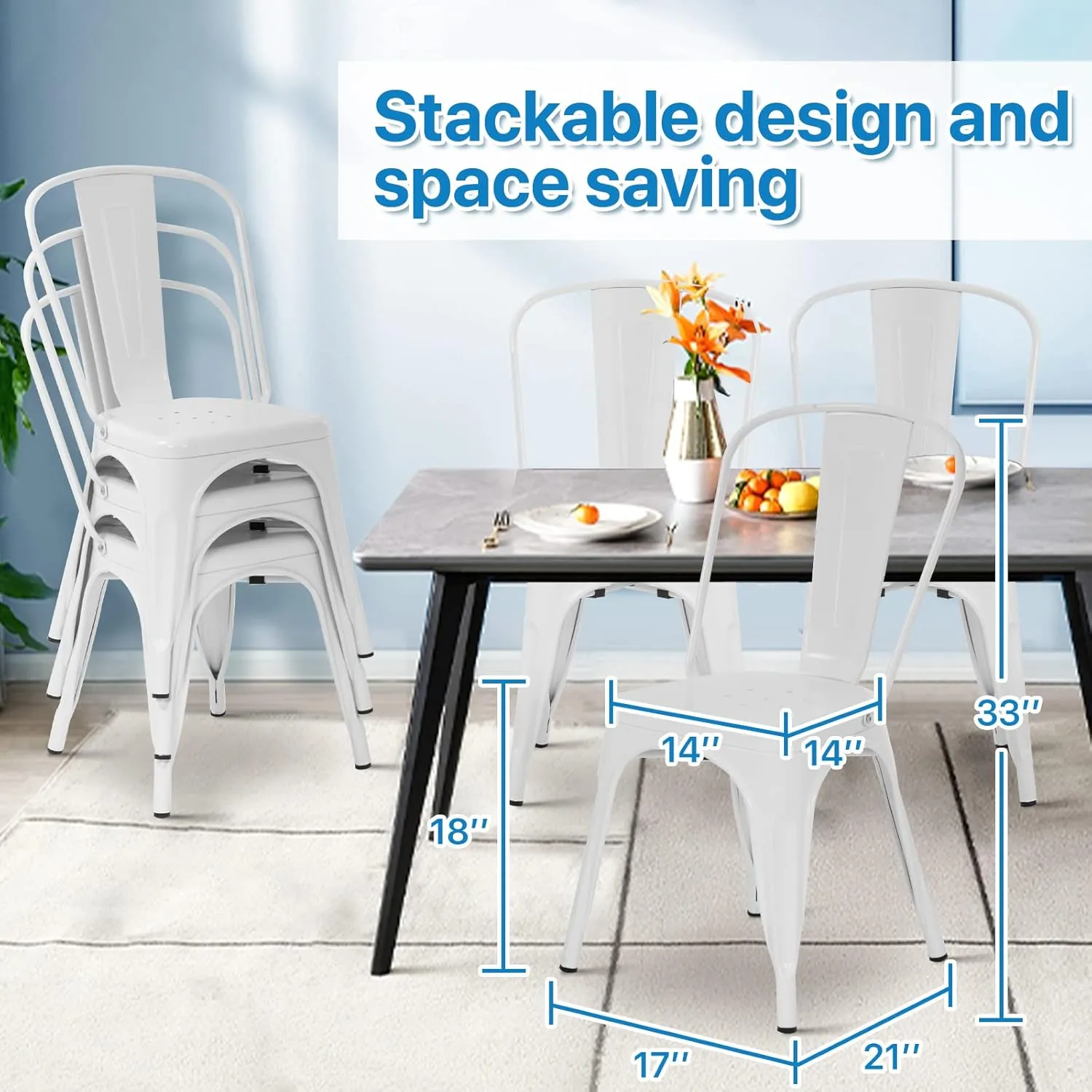 Tolix Metal Dining Chair Set of 4, 18 Inch Seat Height, Stackable, Indoor/Outdoor, Cream