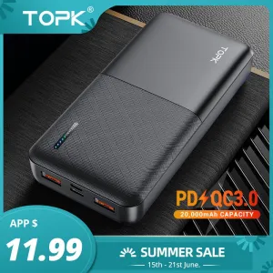 TOPK Power Bank 20000mAh Portable Charger USB Type C PD 3.0 Quick Charge 3.0 Fast Charging Powerbank External Battery for Xiaomi