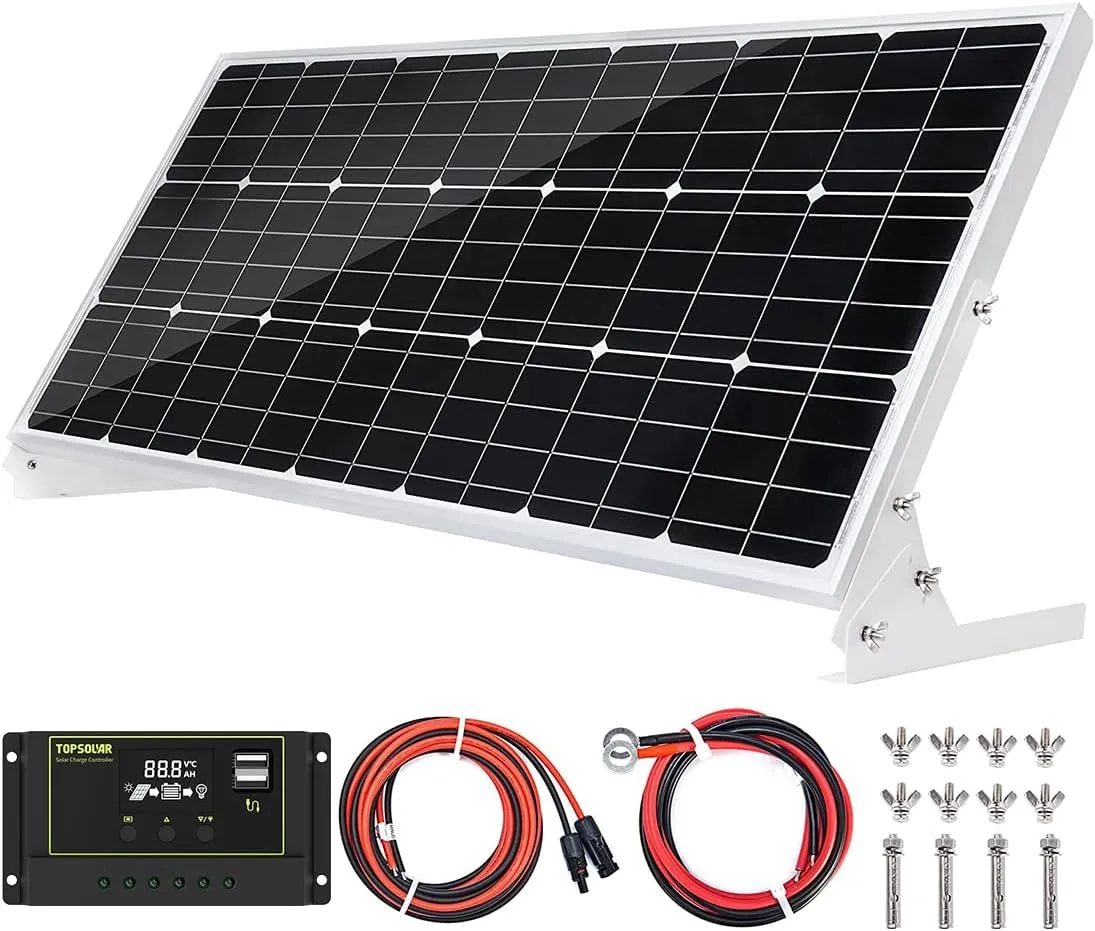 Topsolar 100W 12V Solar Panel Kit Battery Charger 100 Watt 12 Volt Off Grid System for Homes RV Boat   30A Solar Charge Controller   Solar Cables   Brackets for Mounting