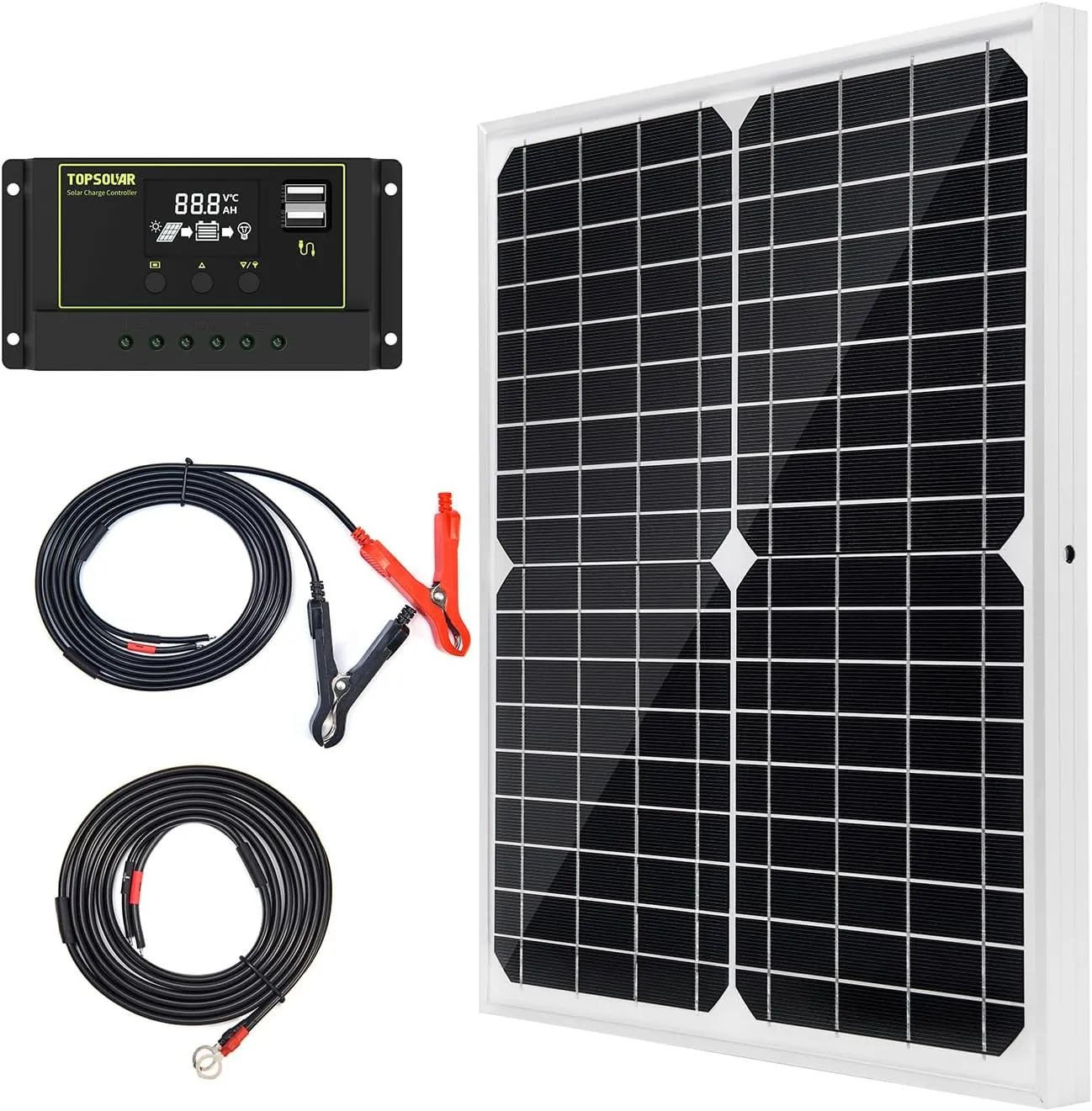 Topsolar Solar Panel Kit 20W 12V Monocrystalline with 10A Solar Charge Controller   Extension Cable with Battery Clips O-Ring Terminal for RV Marine Boat Off Grid System