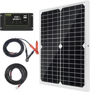 Topsolar Solar Panel Kit 20W 12V Monocrystalline with 10A Solar Charge Controller   Extension Cable with Battery Clips O-Ring Terminal for RV Marine Boat Off Grid System