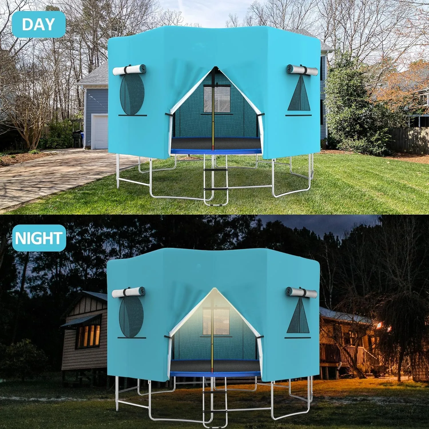 Trampoline Tent Cover 14FT 12FT 10FT Tent for Trampoline with LED Globe String Lights Trampoline Accessory for 6/8 Straight Pole Round Trampoline Blue Green -Tent Only Outdoor