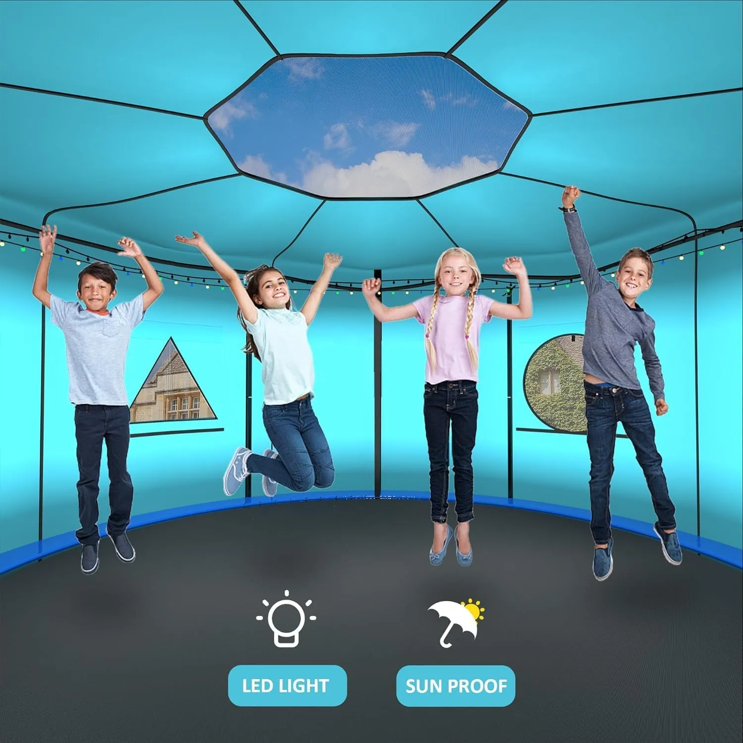 Trampoline Tent Cover 14FT 12FT 10FT Tent for Trampoline with LED Globe String Lights Trampoline Accessory for 6/8 Straight Pole Round Trampoline Blue Green -Tent Only Outdoor