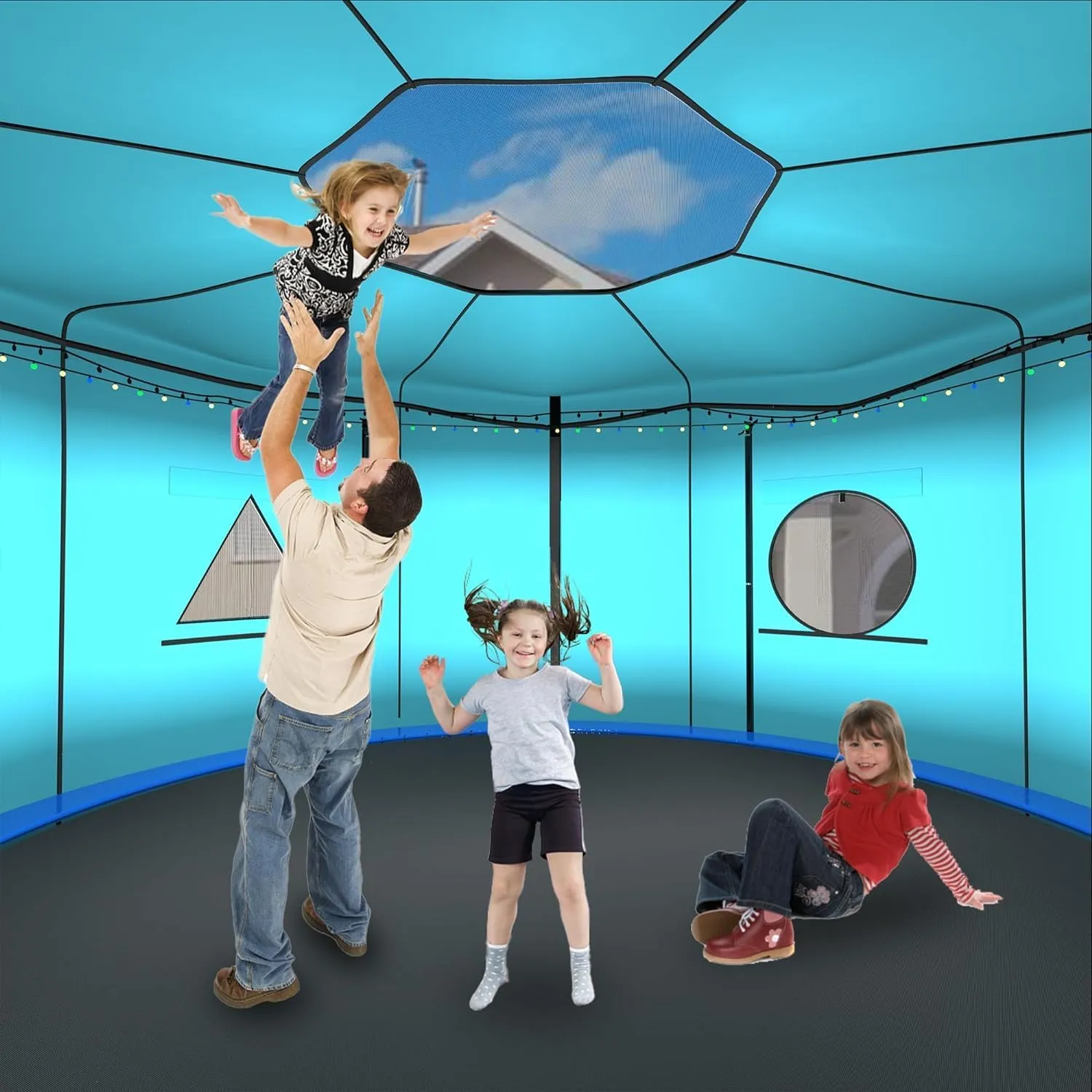 Trampoline Tent Cover 14FT 12FT 10FT Tent for Trampoline with LED Globe String Lights Trampoline Accessory for 6/8 Straight Pole Round Trampoline Blue Green -Tent Only Outdoor