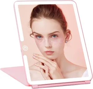Travel Makeup Mirror with Light of 9.85x7.5in Folding Travel Mirror with 72 LEDs 3 Color Modes USB Charging 3000mAh Portable Lighted Travel Mirror,Touch Screen Dimming for Travel,Home(Pink)