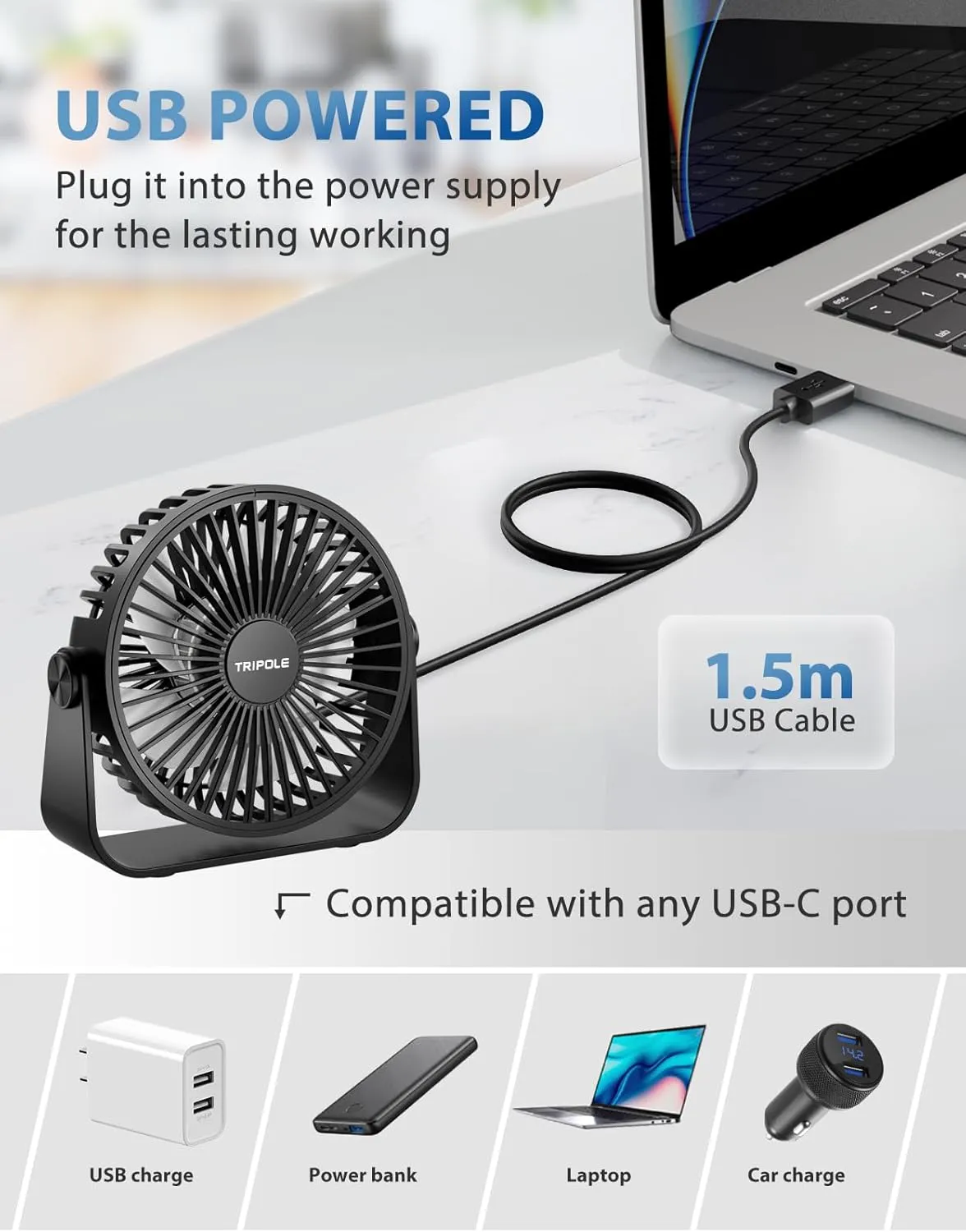 TriPole USB Desk Fan 4.5 Inches Portable Mini Fan Powerful 3 Speeds Wind Personal Desktop Fan with 360° Head Rotation for Home Office Car Indoor Outdoor 2 Pack Black