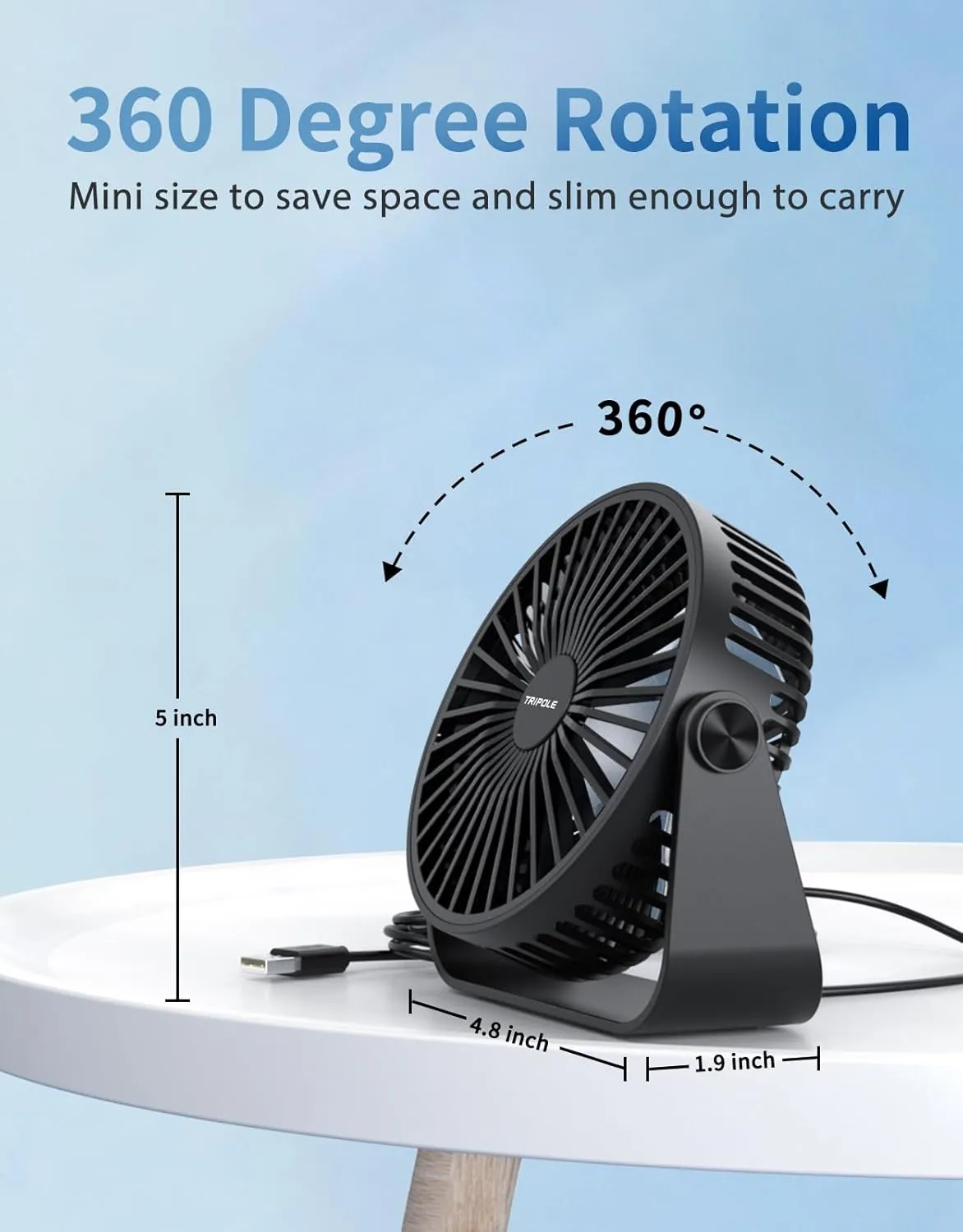 TriPole USB Desk Fan 4.5 Inches Portable Mini Fan Powerful 3 Speeds Wind Personal Desktop Fan with 360° Head Rotation for Home Office Car Indoor Outdoor 2 Pack Black