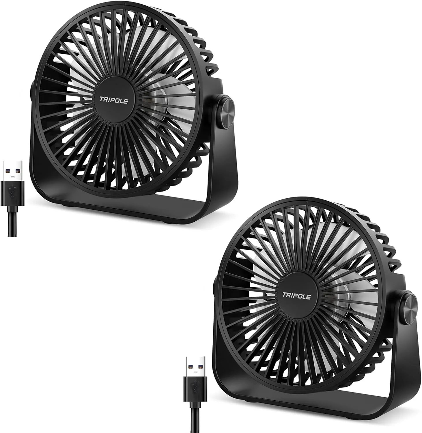 TriPole USB Desk Fan 4.5 Inches Portable Mini Fan Powerful 3 Speeds Wind Personal Desktop Fan with 360° Head Rotation for Home Office Car Indoor Outdoor 2 Pack Black