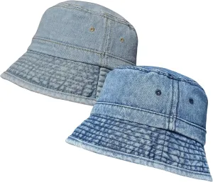 TSSGBL 2 Pack Cotton Denim Bucket Hats Vintage Washed Packable Summer Trendy Beach Travel Sun Caps for Women Men