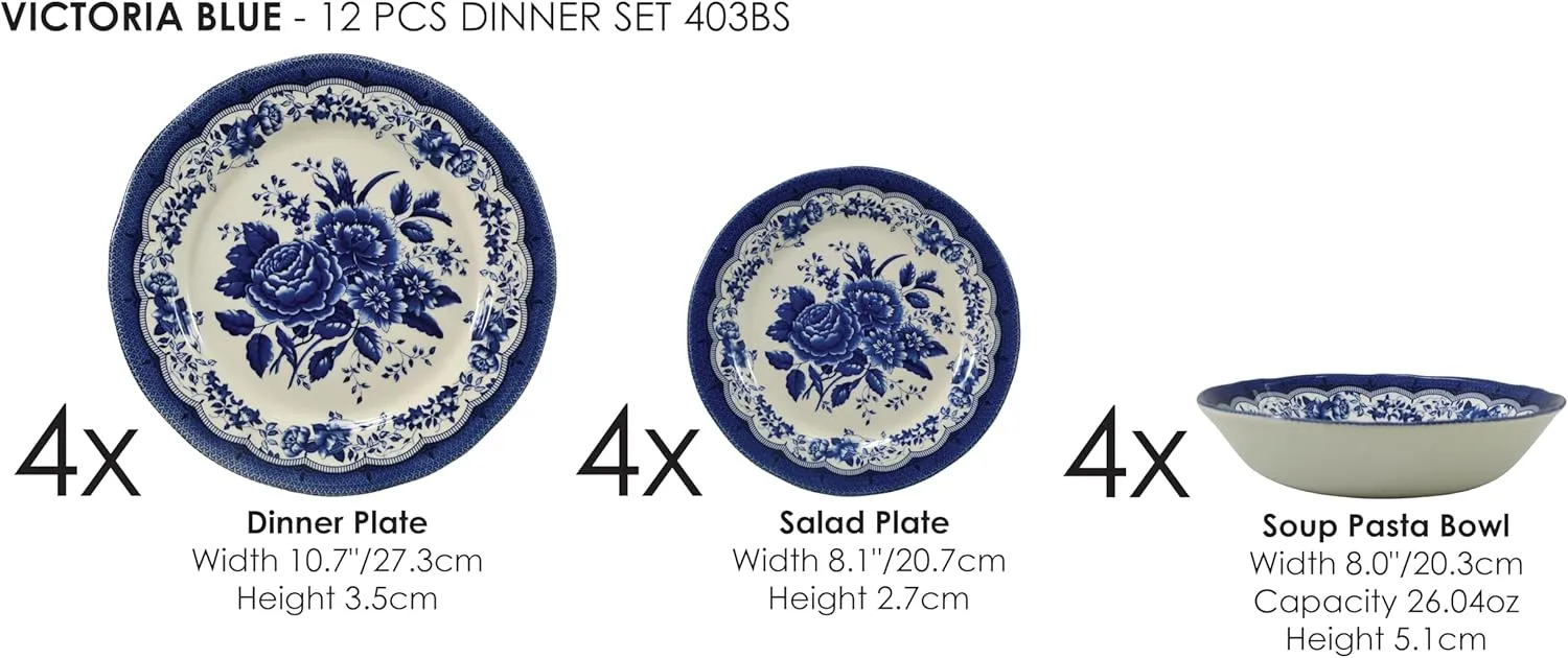 Tudor Royal 12-Piece Porcelain Round Dinnerware Set, Service for 4, Victoria Blue Design, Blue Floral, Plates Bowls Dishes, Glossy, Premium Quality Tableware, Unique Pattern