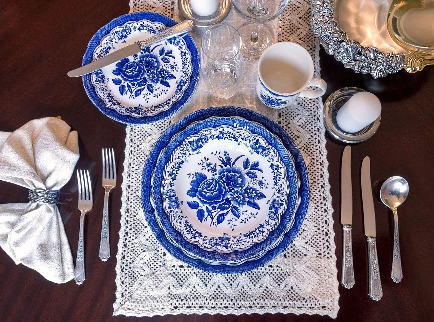 Tudor Royal 12-Piece Porcelain Round Dinnerware Set, Service for 4, Victoria Blue Design, Blue Floral, Plates Bowls Dishes, Glossy, Premium Quality Tableware, Unique Pattern