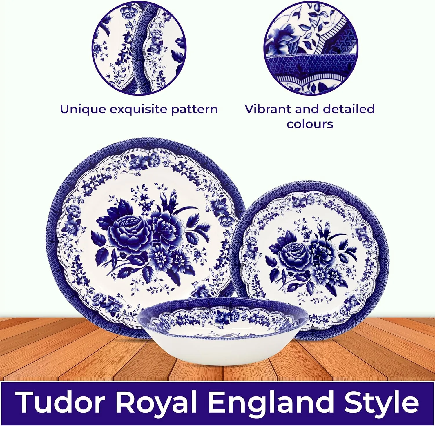 Tudor Royal 12-Piece Porcelain Round Dinnerware Set, Service for 4, Victoria Blue Design, Blue Floral, Plates Bowls Dishes, Glossy, Premium Quality Tableware, Unique Pattern