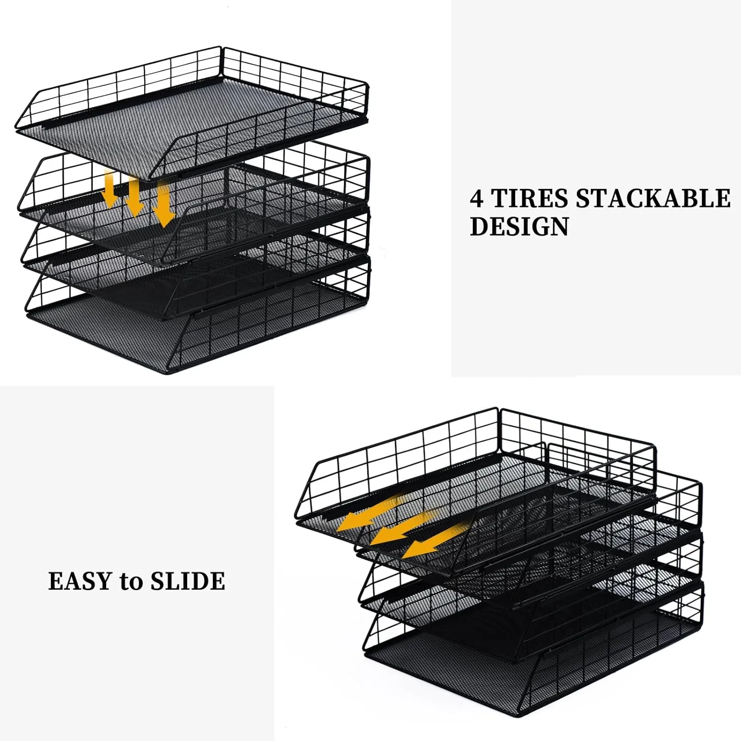 Tunnkit 4 Pack Stackable Letter Tray Paper Organizer, Metal Desk Organizer Tray for Letter/A4 Paper Storage, Suitable for Office, School, Home, Black