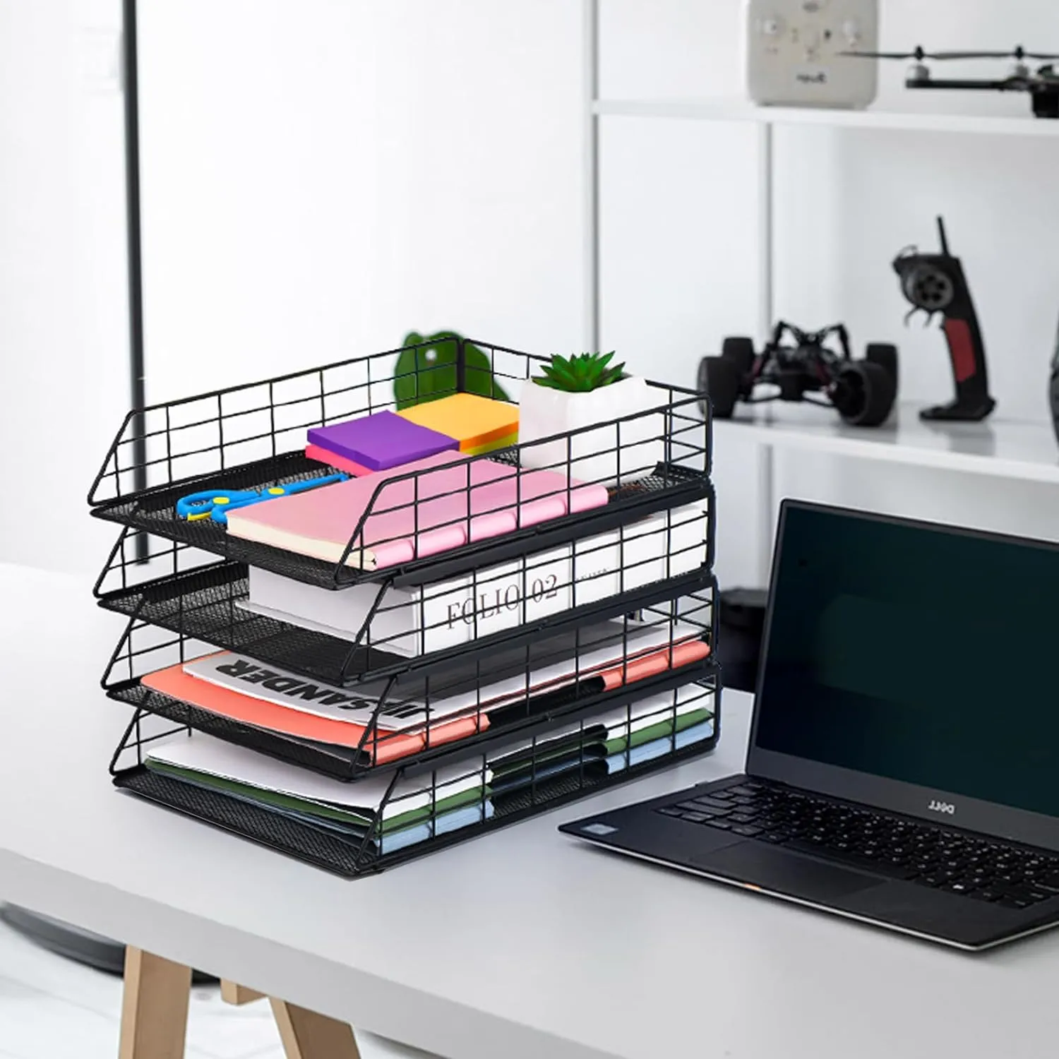 Tunnkit 4 Pack Stackable Letter Tray Paper Organizer, Metal Desk Organizer Tray for Letter/A4 Paper Storage, Suitable for Office, School, Home, Black
