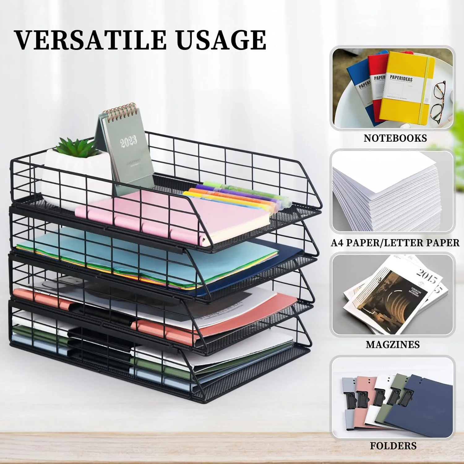 Tunnkit 4 Pack Stackable Letter Tray Paper Organizer, Metal Desk Organizer Tray for Letter/A4 Paper Storage, Suitable for Office, School, Home, Black