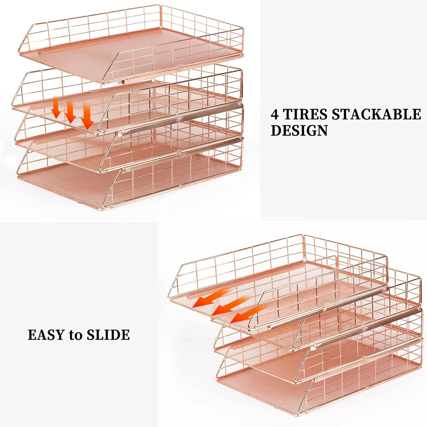 Tunnkit 4 Pack Stackable Letter Tray Paper Organizer, Metal Desk Organizer Tray for Letter/A4 Paper Storage, Suitable for Office, School, Home, Rose Gold
