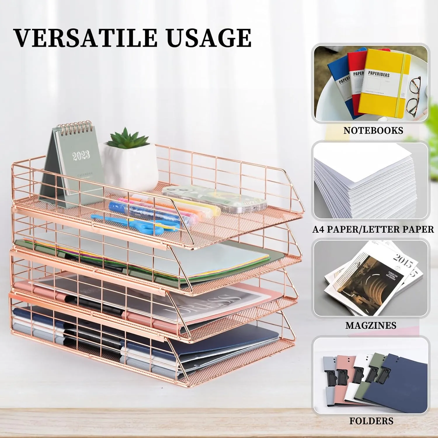 Tunnkit 4 Pack Stackable Letter Tray Paper Organizer, Metal Desk Organizer Tray for Letter/A4 Paper Storage, Suitable for Office, School, Home, Rose Gold