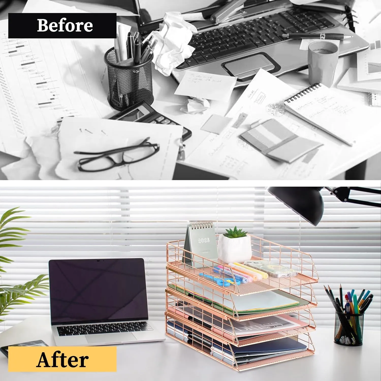Tunnkit 4 Pack Stackable Letter Tray Paper Organizer, Metal Desk Organizer Tray for Letter/A4 Paper Storage, Suitable for Office, School, Home, Rose Gold