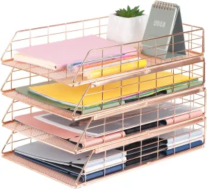 Tunnkit 4 Pack Stackable Letter Tray Paper Organizer, Metal Desk Organizer Tray for Letter/A4 Paper Storage, Suitable for Office, School, Home, Rose Gold