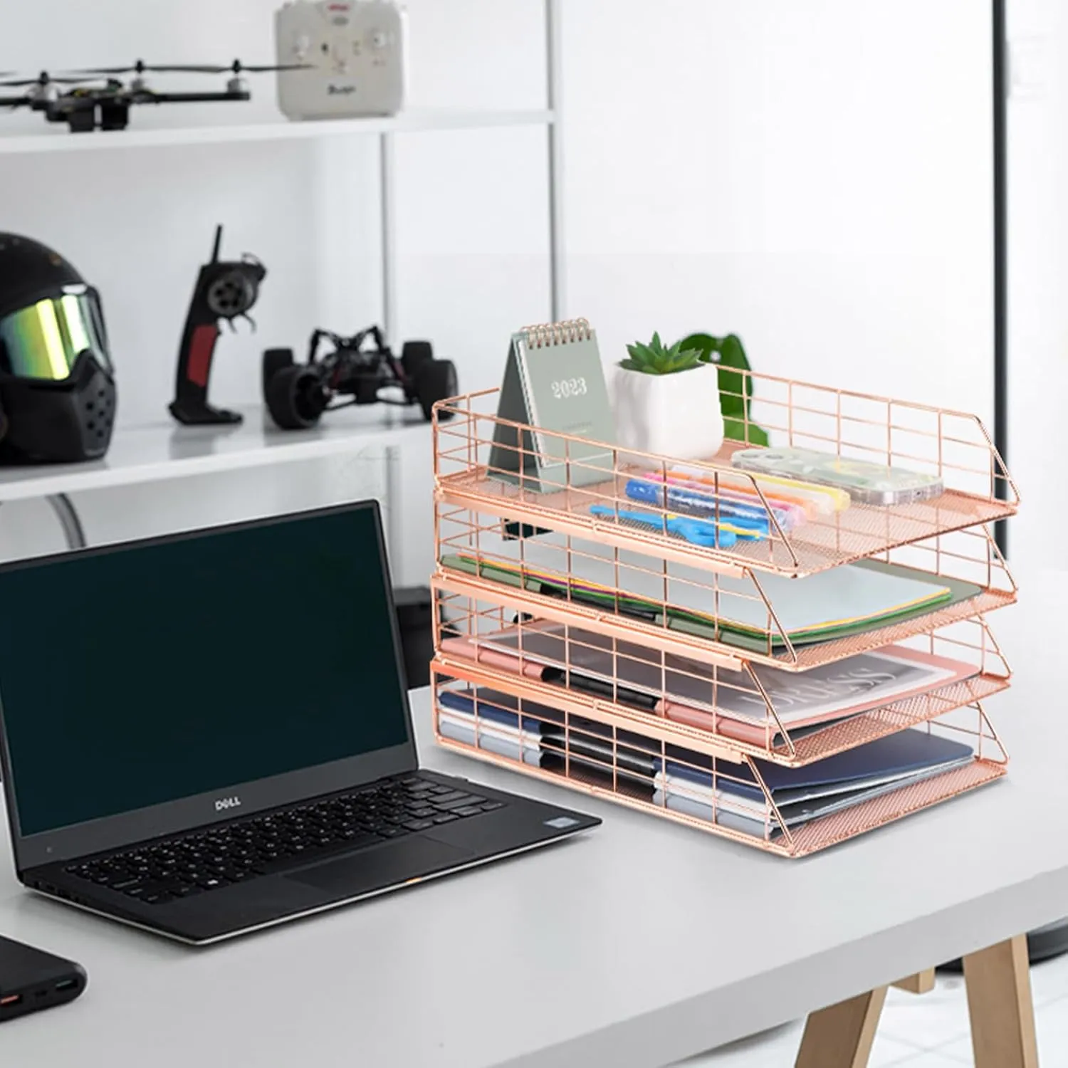 Tunnkit 4 Pack Stackable Letter Tray Paper Organizer, Metal Desk Organizer Tray for Letter/A4 Paper Storage, Suitable for Office, School, Home, Rose Gold