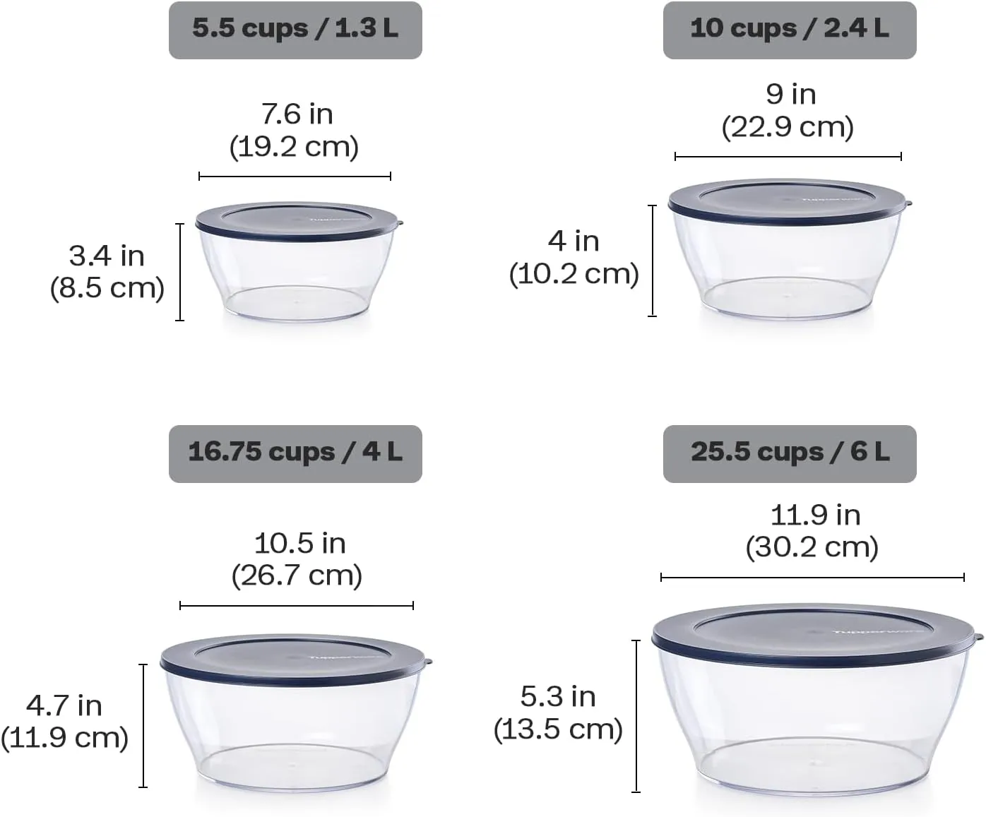 Tupperware Crystal Clear Store & Serve Collection Clearly Elegant 8 Piece Tritan/Copolyester Food Storage Container Set, Dishwasher Safe and BPA Free (4 Bowls, 4 Lids)