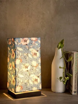 Turquoise Floral Lamp With Wooden Base