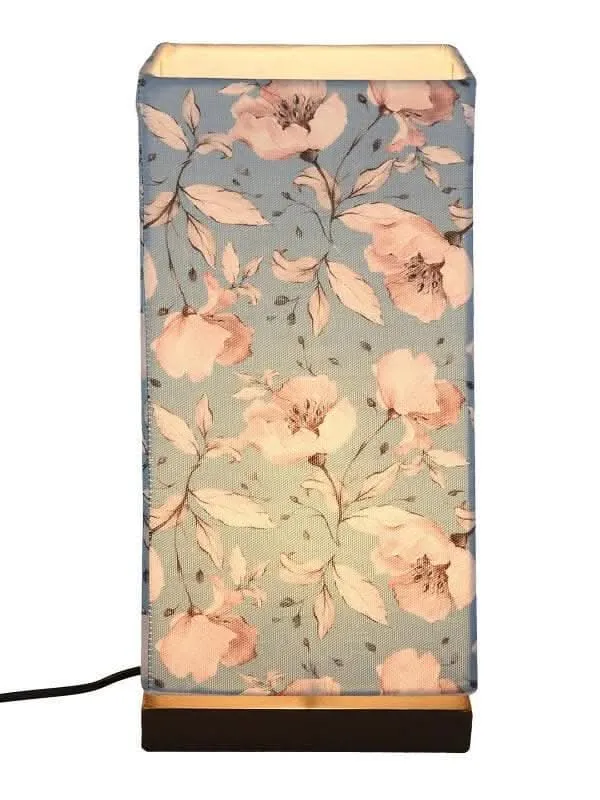 Turquoise Floral Lamp With Wooden Base