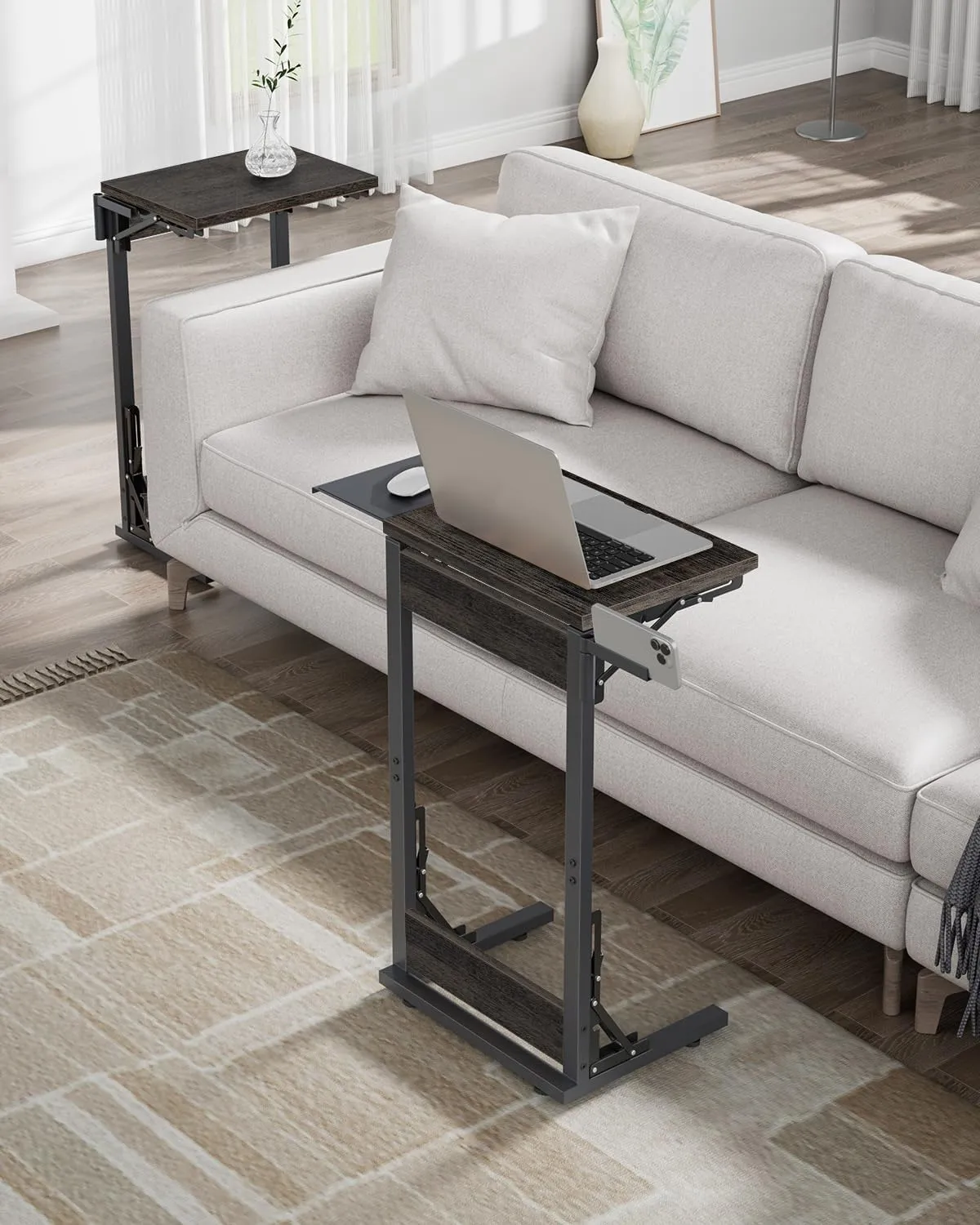 TV Tray Table for Dinner, Foldable Laptop Table with Mouse Tray for Work, C Shaped End Table for Couch, Sofa Side Desk for Living Room, Bedroom, Gray