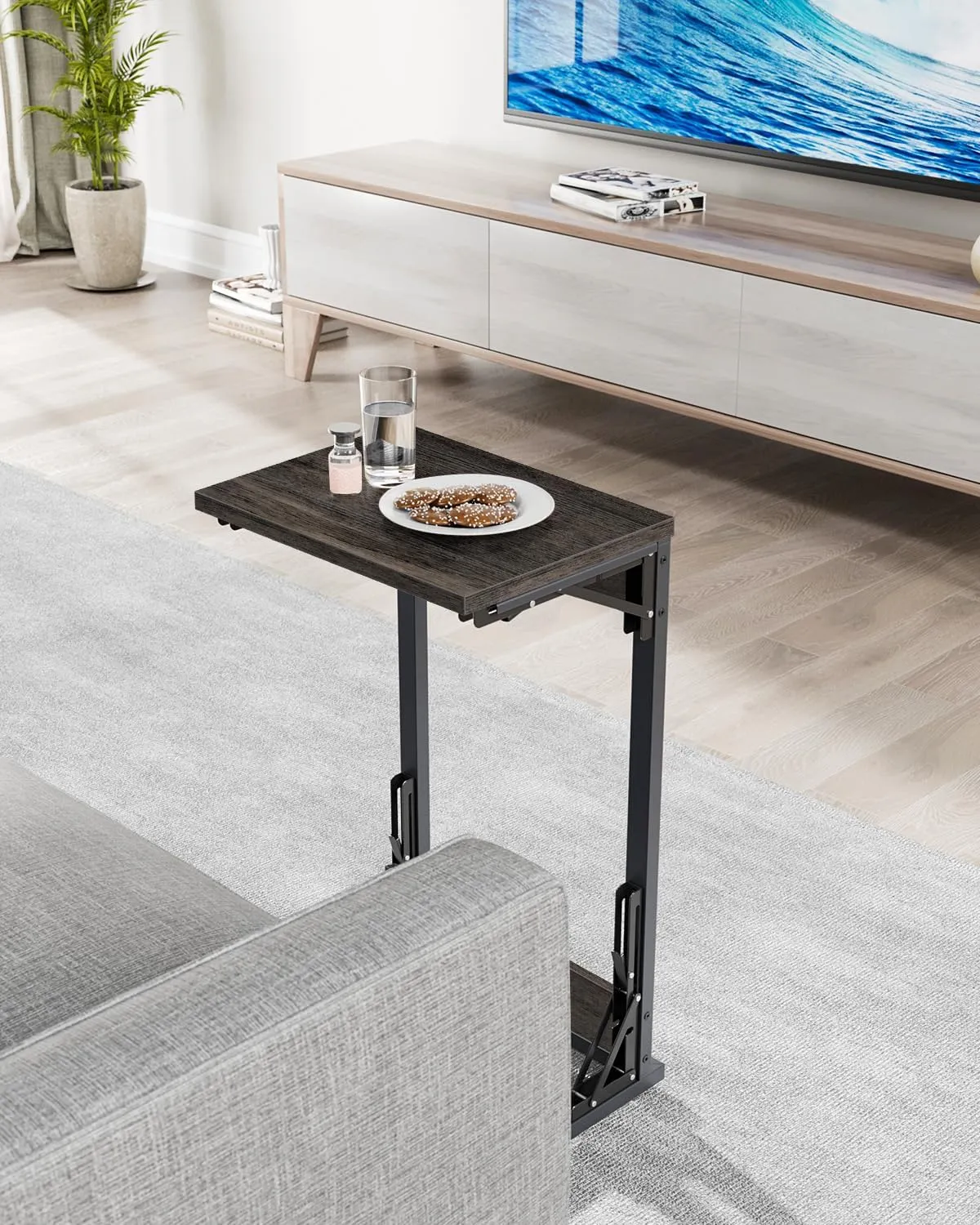 TV Tray Table for Dinner, Foldable Laptop Table with Mouse Tray for Work, C Shaped End Table for Couch, Sofa Side Desk for Living Room, Bedroom, Gray
