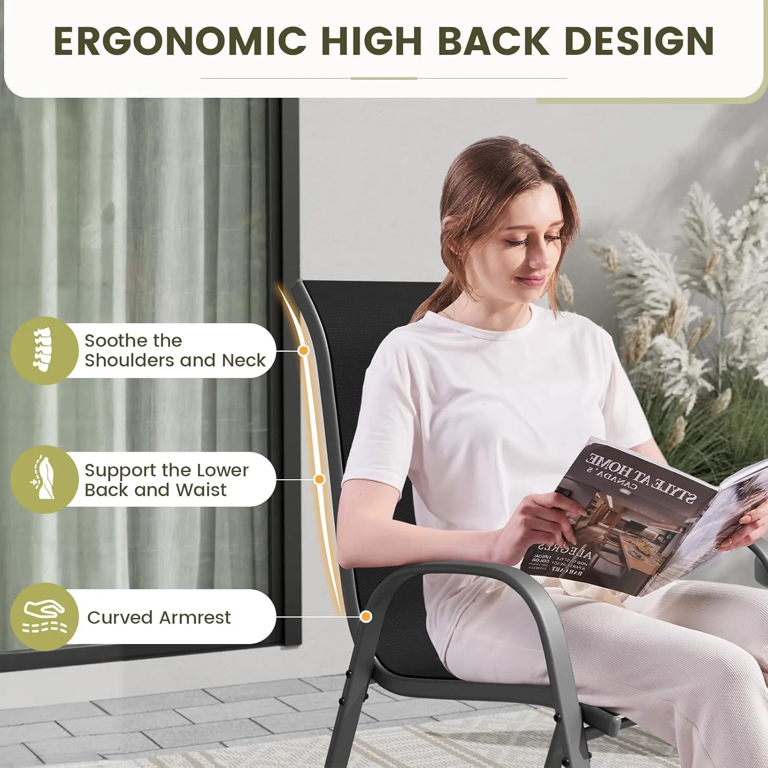 UDPATIO Patio Chairs Set of 2, Stackable Outdoor Dining Chairs for All Weather, Outdoor Furniture with Breathable Textilene Fabric, 350LBS Capacity, for Garden, Backyard, Deck (Black)