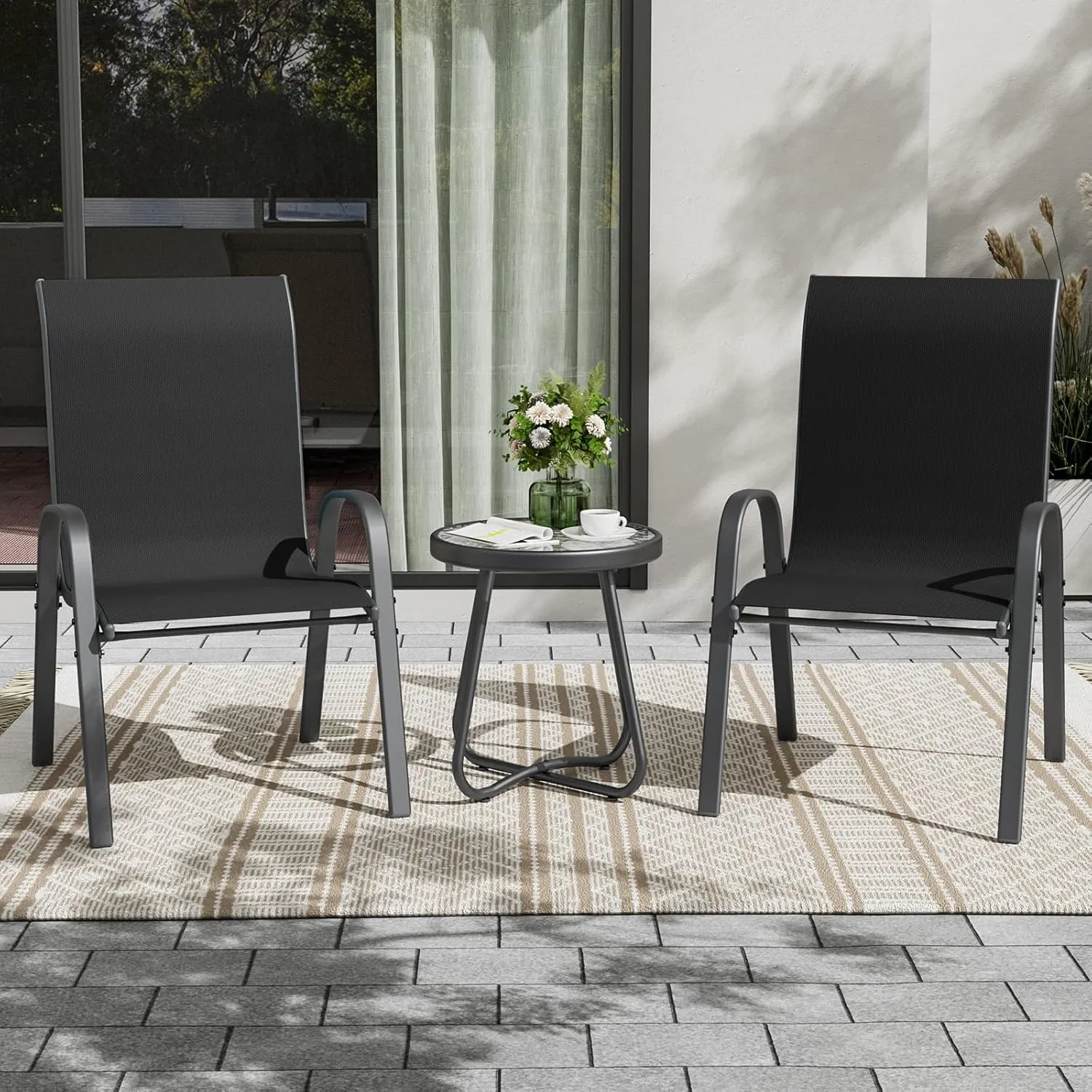UDPATIO Patio Chairs Set of 2, Stackable Outdoor Dining Chairs for All Weather, Outdoor Furniture with Breathable Textilene Fabric, 350LBS Capacity, for Garden, Backyard, Deck (Black)
