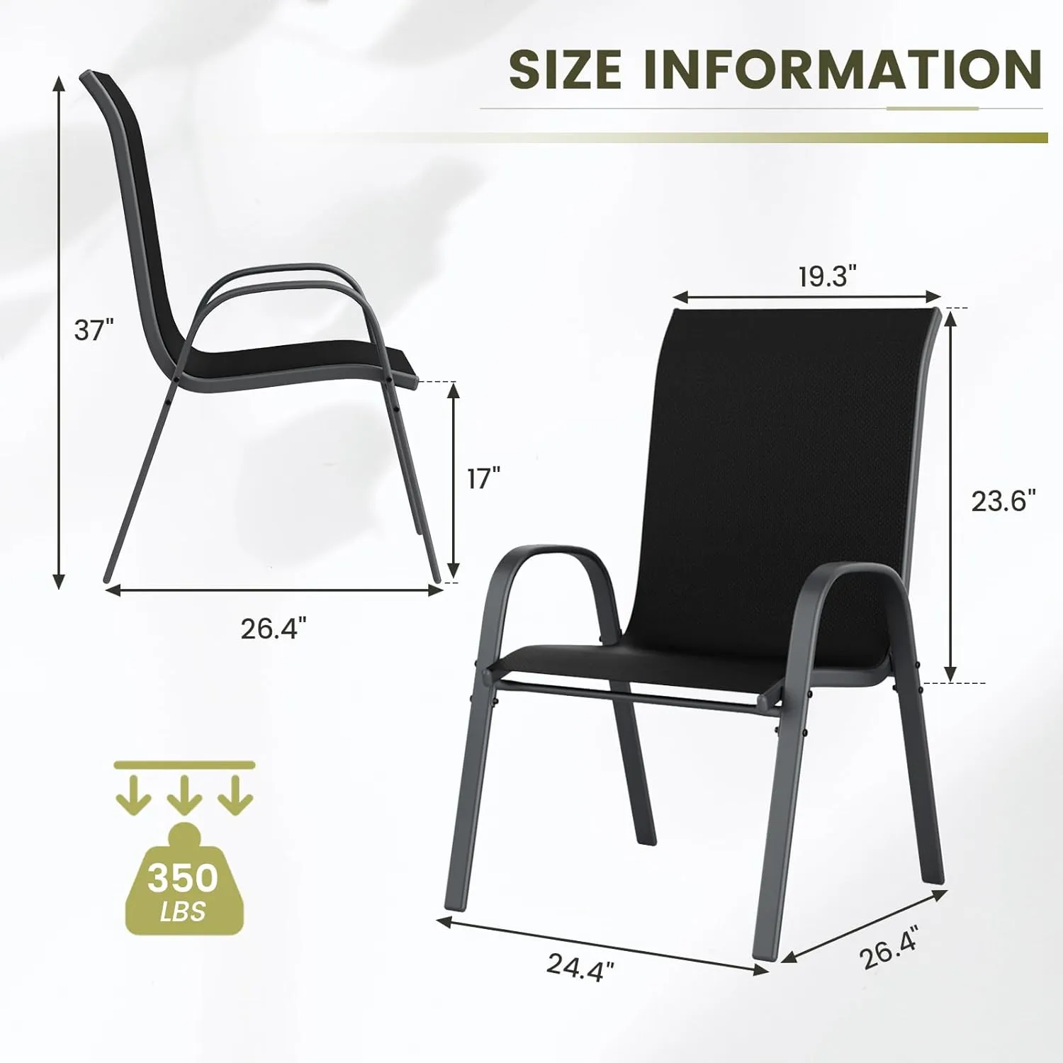 UDPATIO Patio Chairs Set of 2, Stackable Outdoor Dining Chairs for All Weather, Outdoor Furniture with Breathable Textilene Fabric, 350LBS Capacity, for Garden, Backyard, Deck (Black)